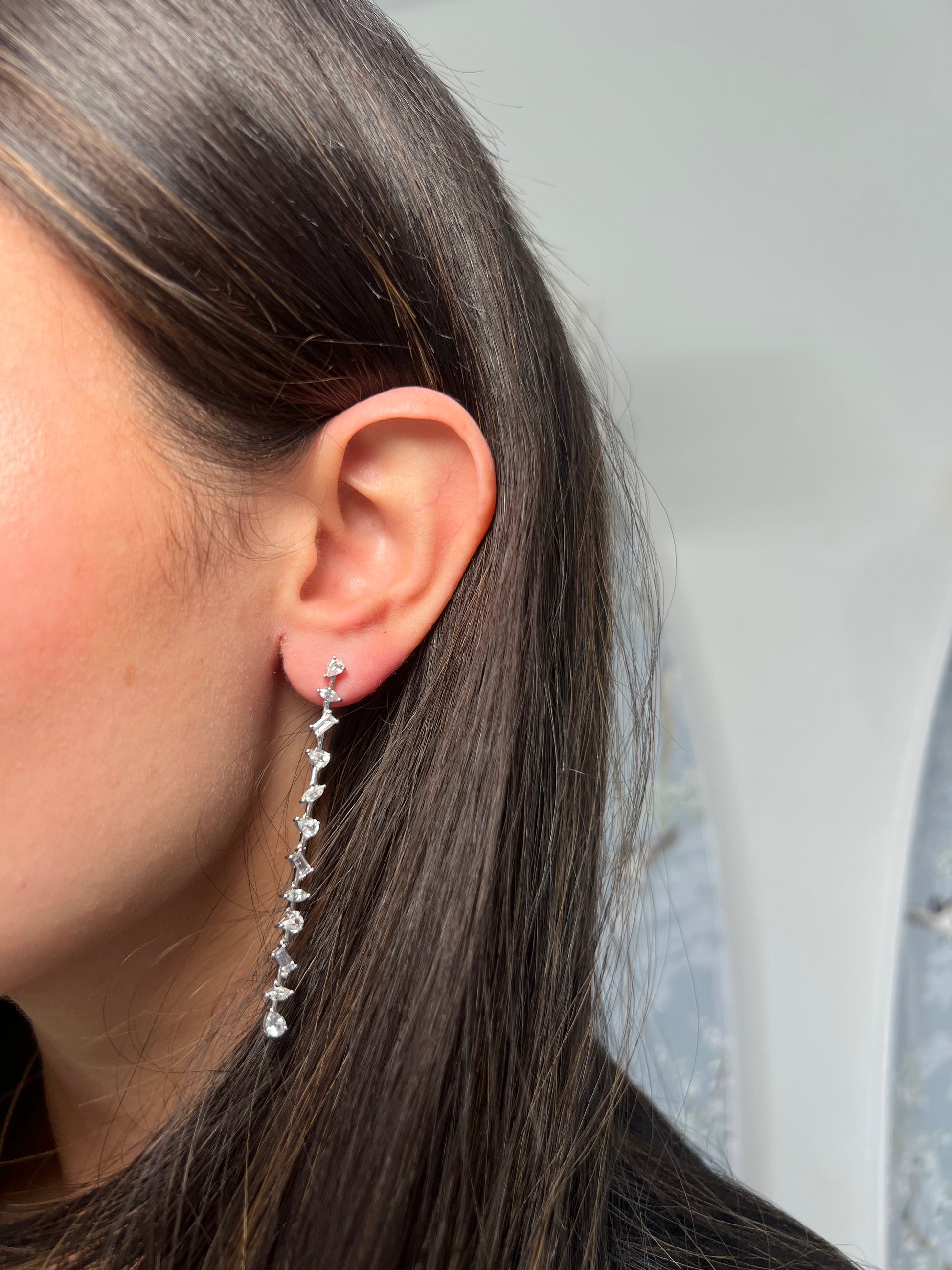 14k White Gold Multi-shape Diamond Drop Earrings