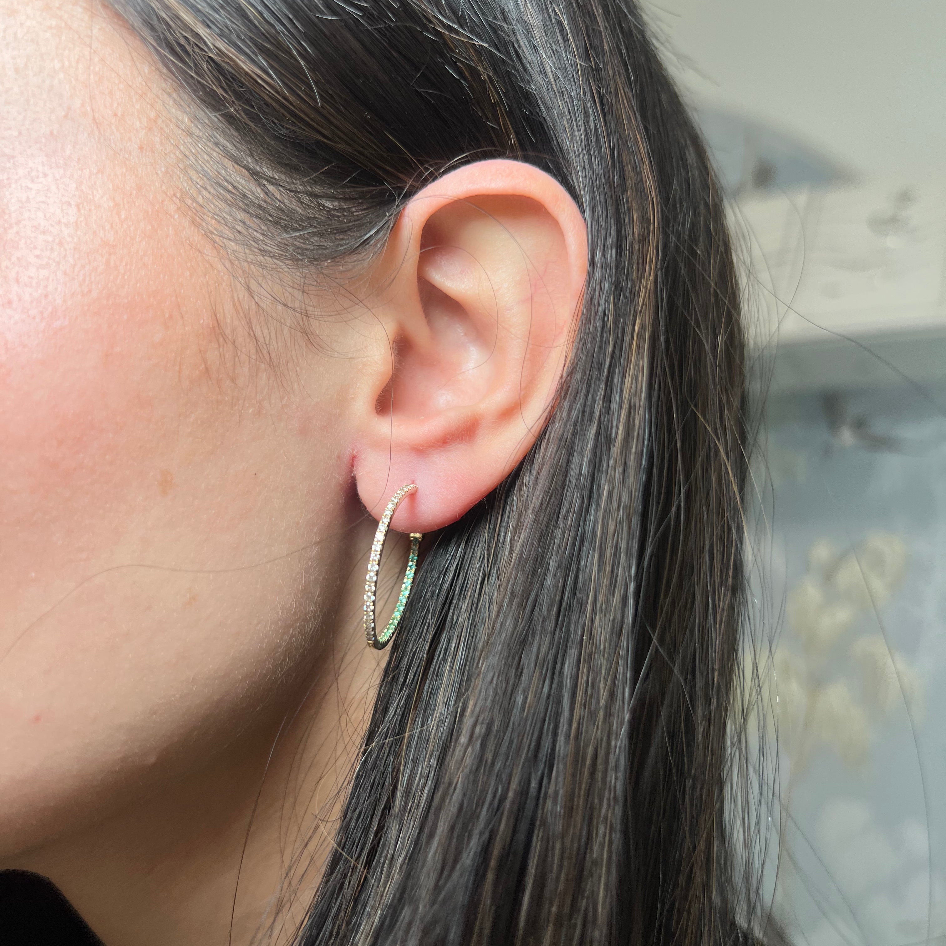 14k Yellow Gold Emerald and Diamond Hoop Earrings