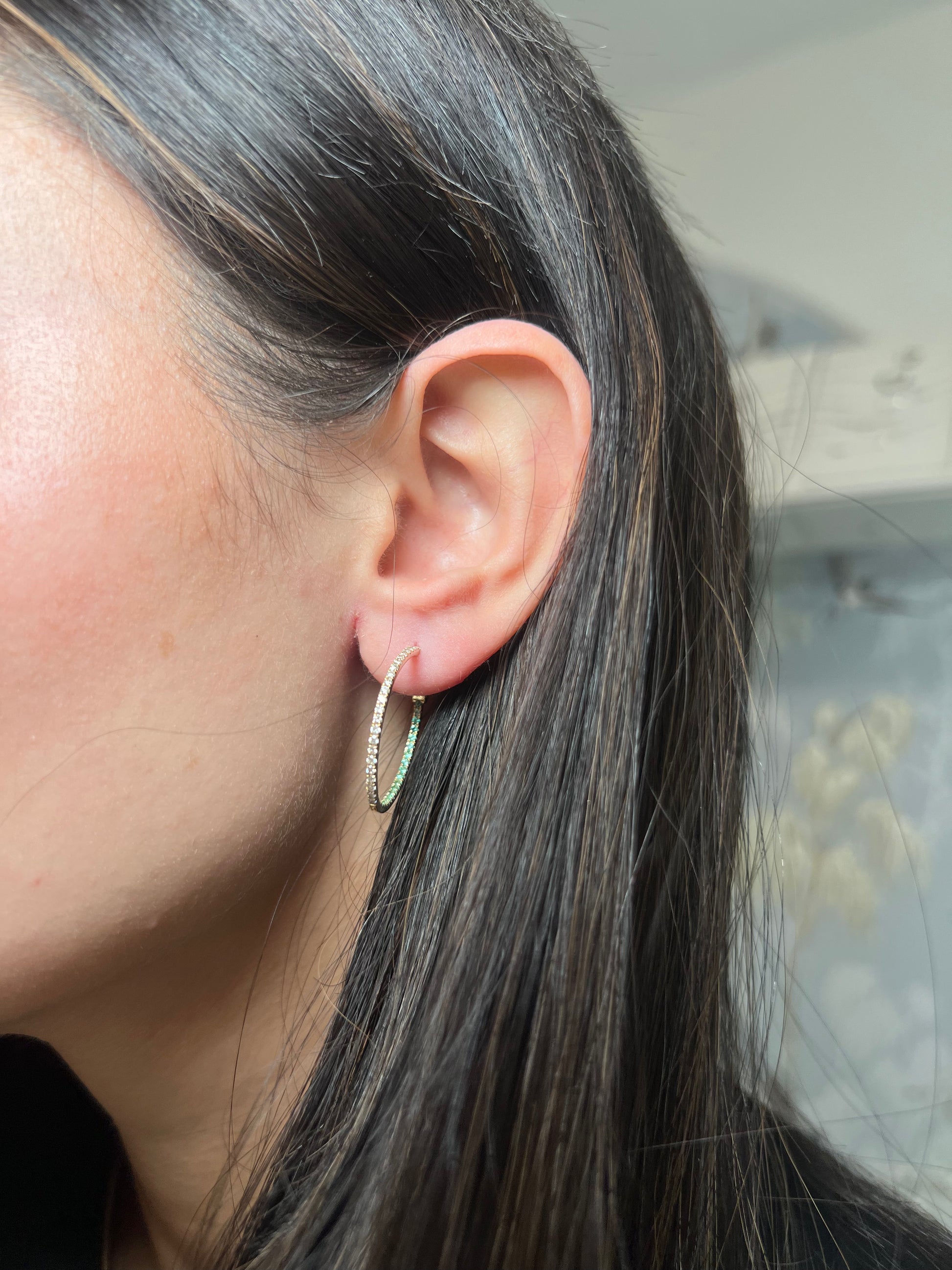 14k Yellow Gold Emerald and Diamond Hoop Earrings