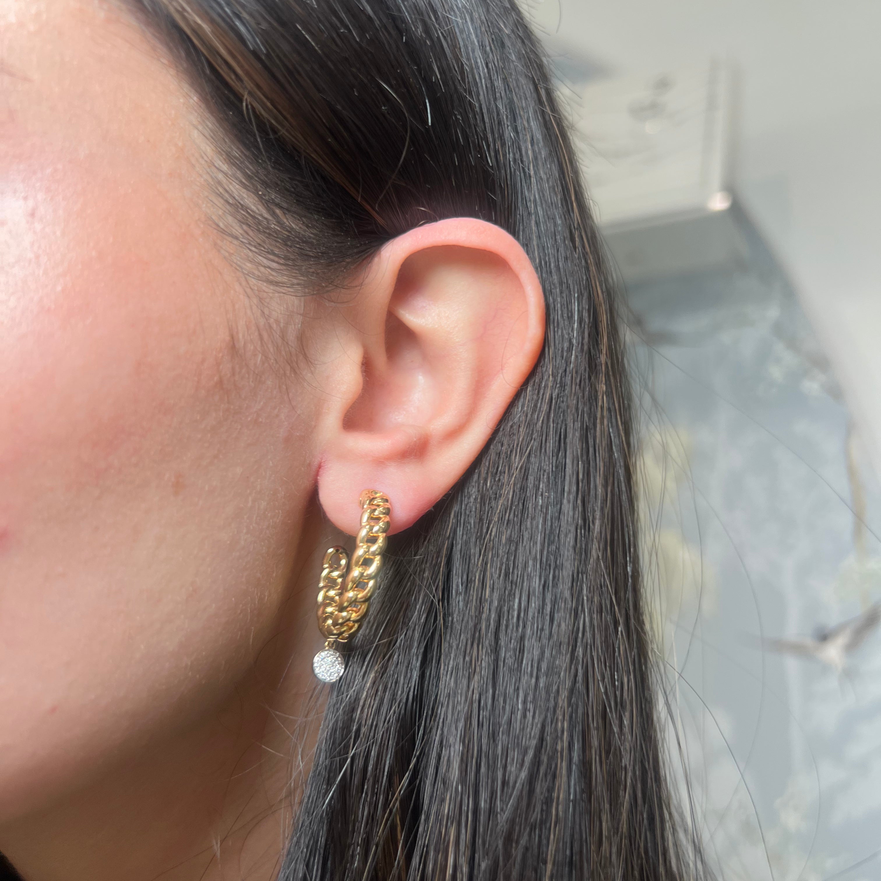 14k Yellow Gold Cuban Link Open Hoop Earrings