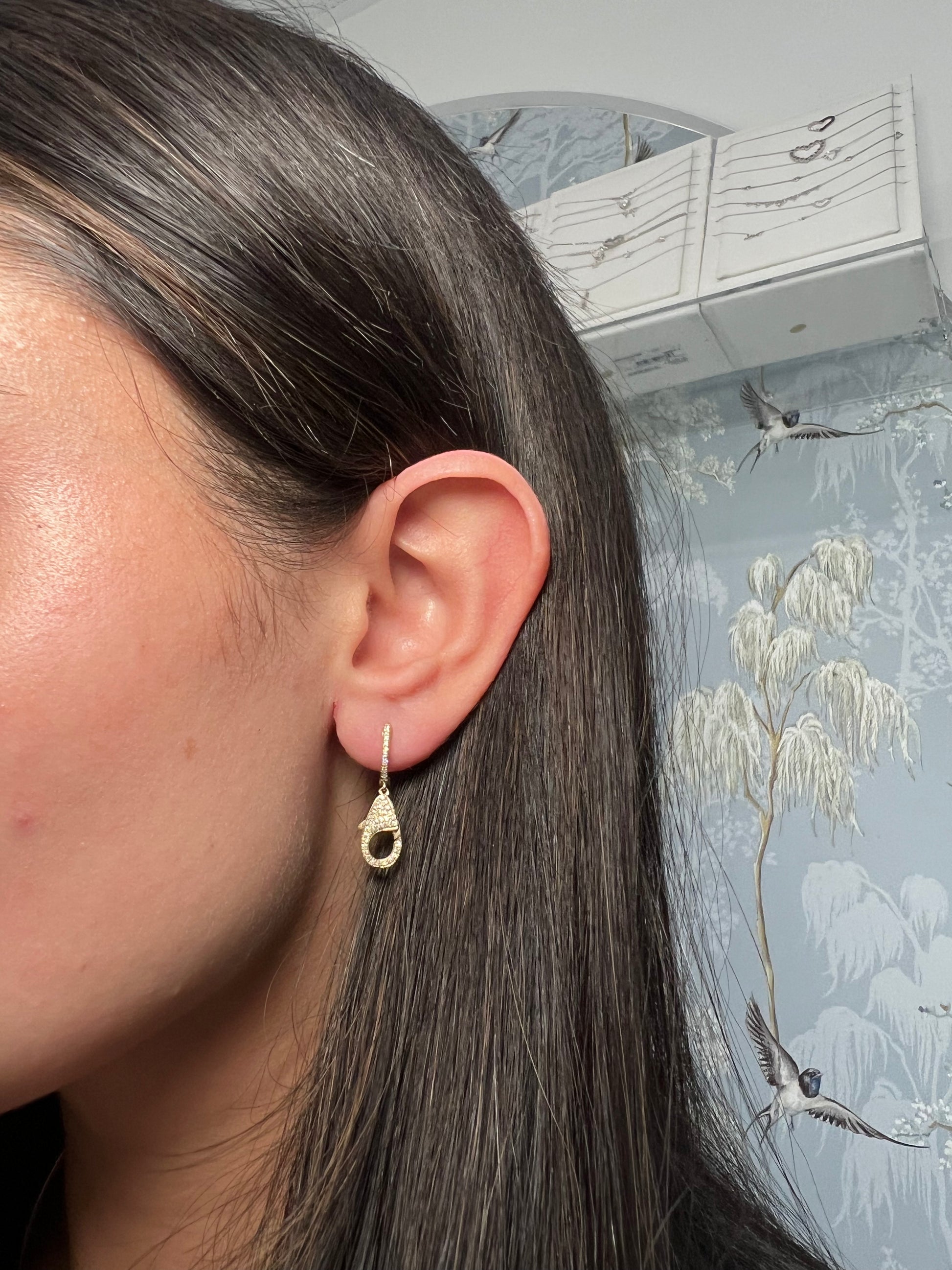 14k Yellow Gold Diamond Lobster Hanging Huggie Earrings