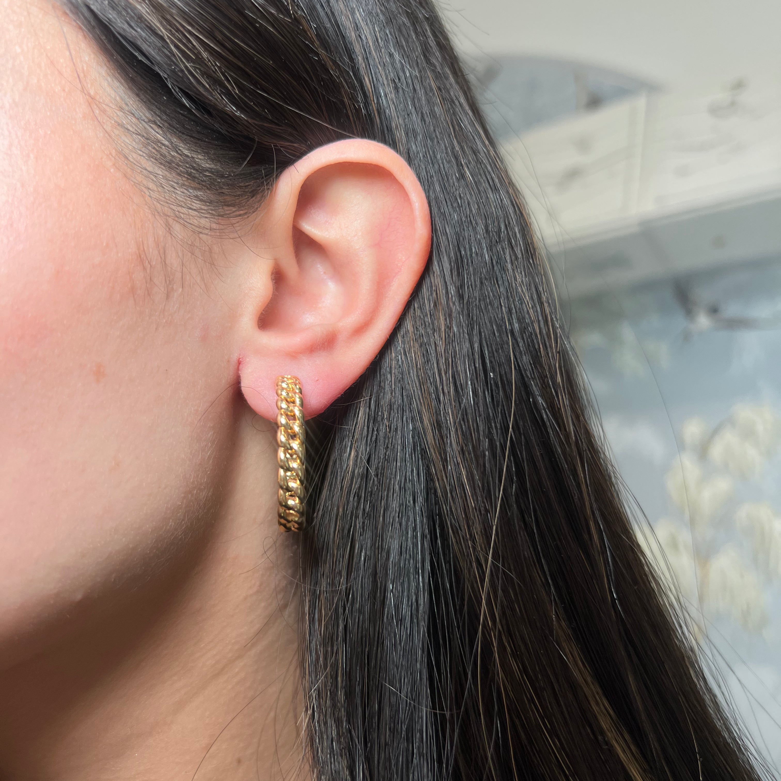14k Yellow Gold Cuban Link Open Hoop Earrings