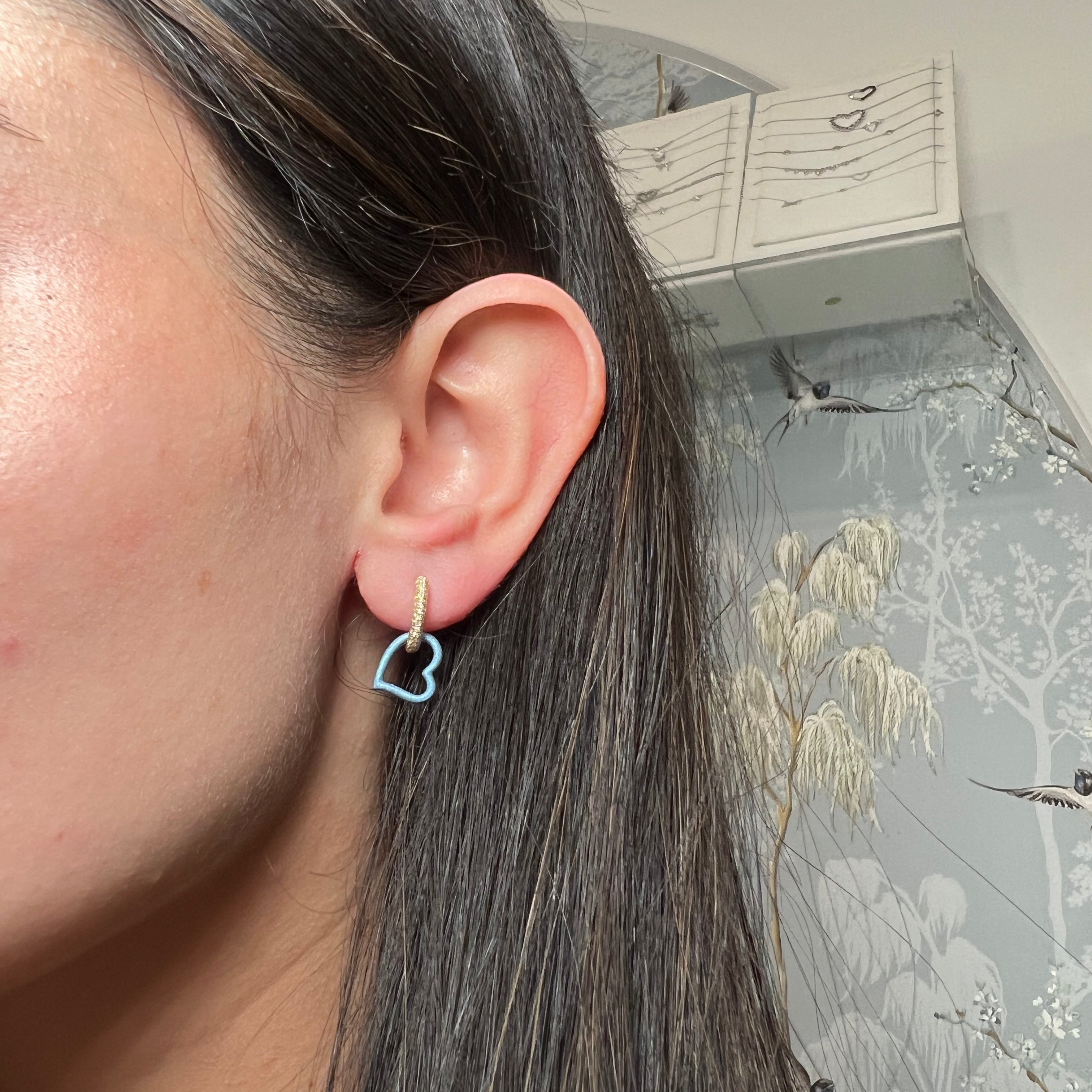 14k Yellow Gold Blue Color Rhodium With Sparkle Sand Finished Diamond Huggie Earrings