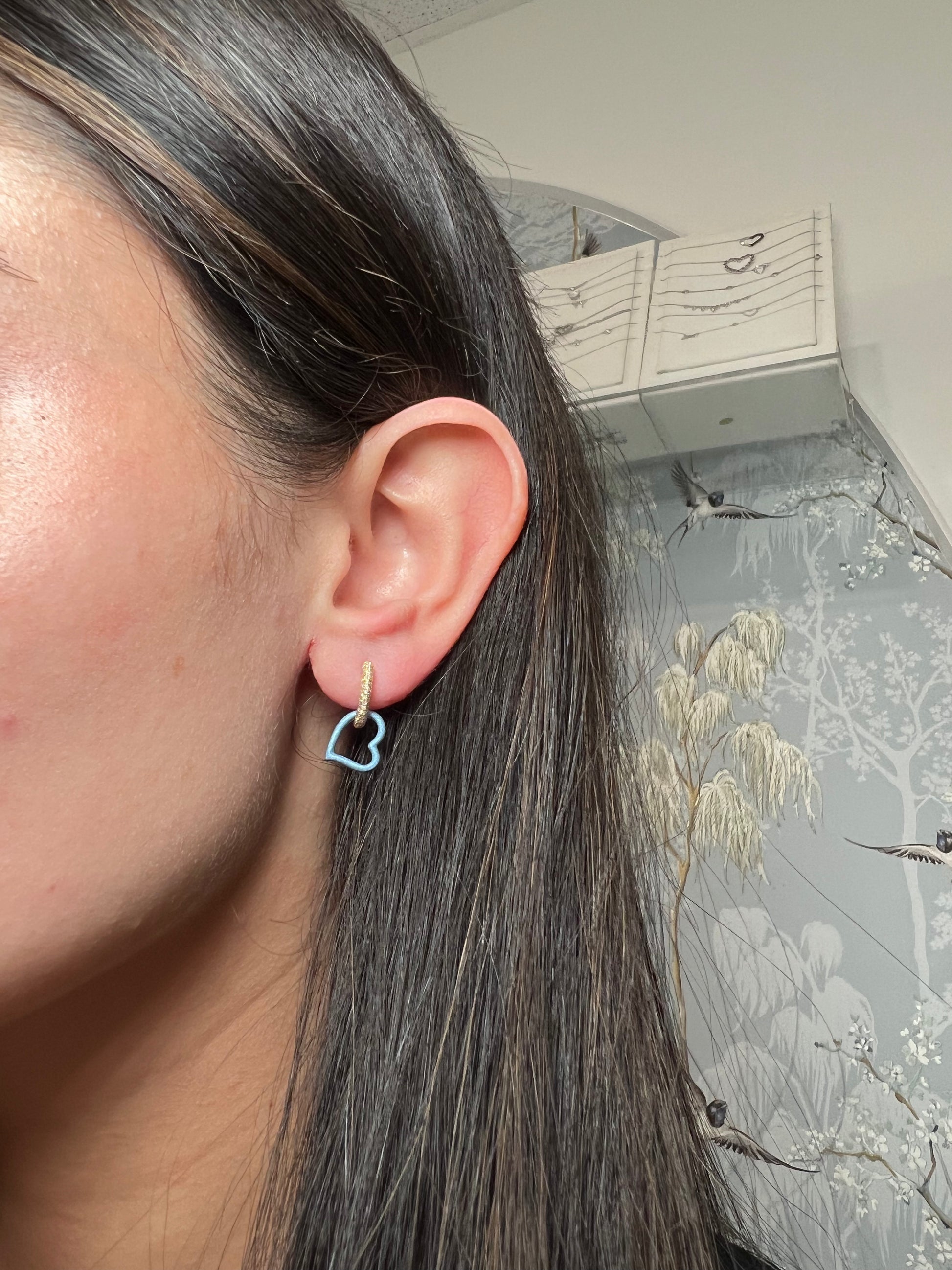 14k Yellow Gold Blue Color Rhodium With Sparkle Sand Finished Diamond Huggie Earrings