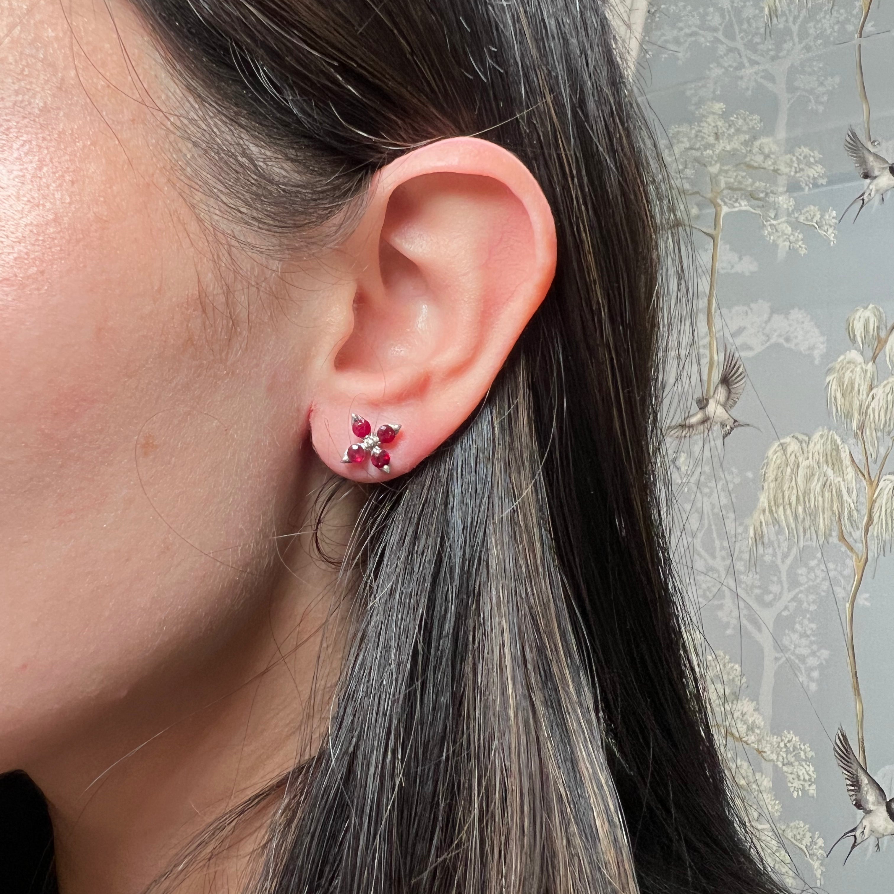 14K White Gold Ruby Flower Earrings