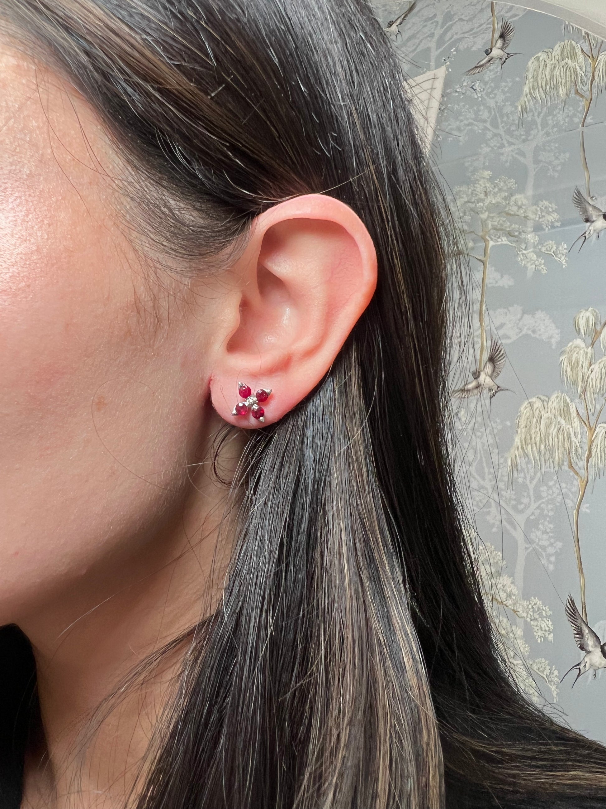 14K White Gold Ruby Flower Earrings