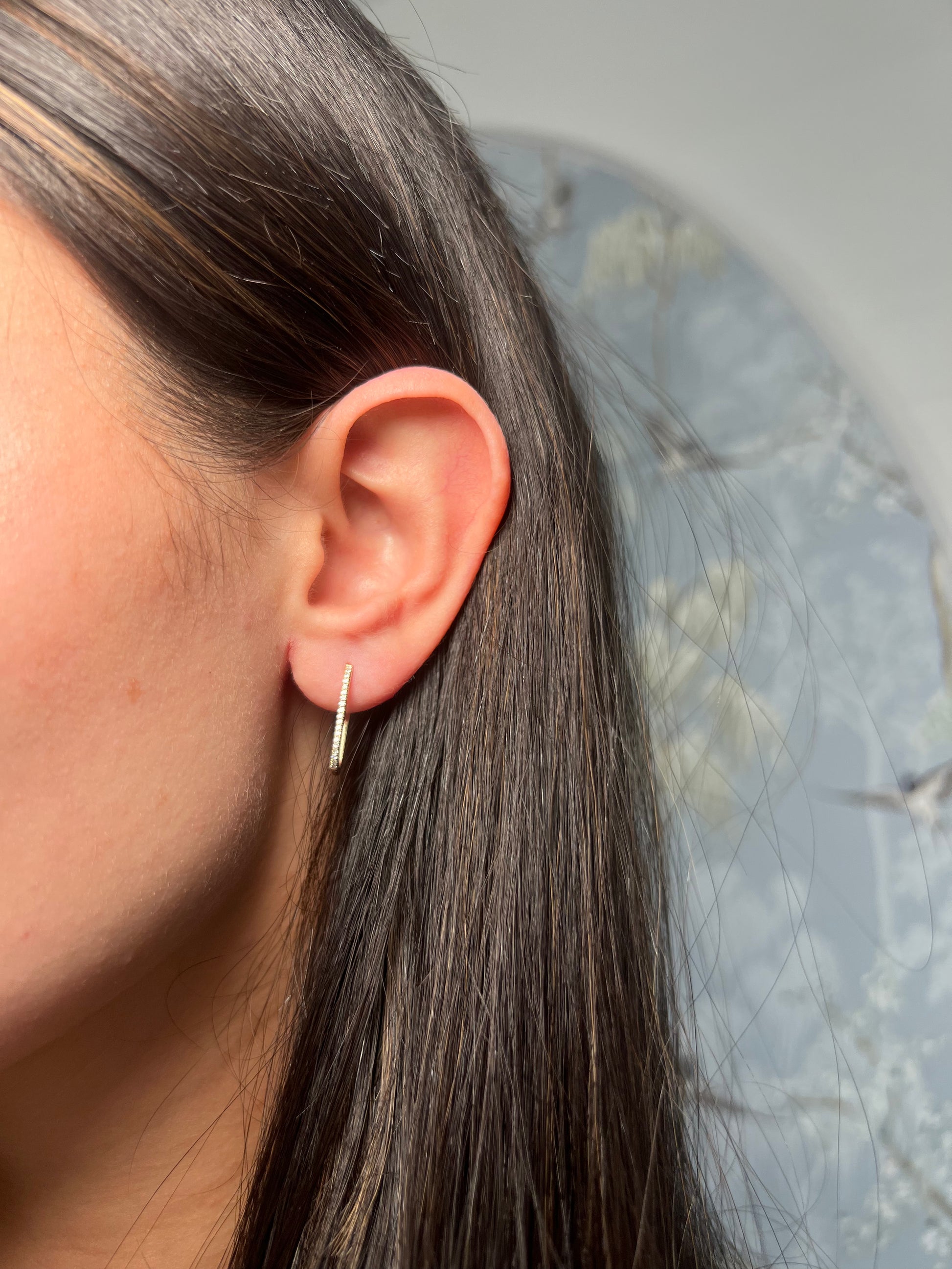 14k Yellow Gold Rectangle Diamomd Huggie Earrings