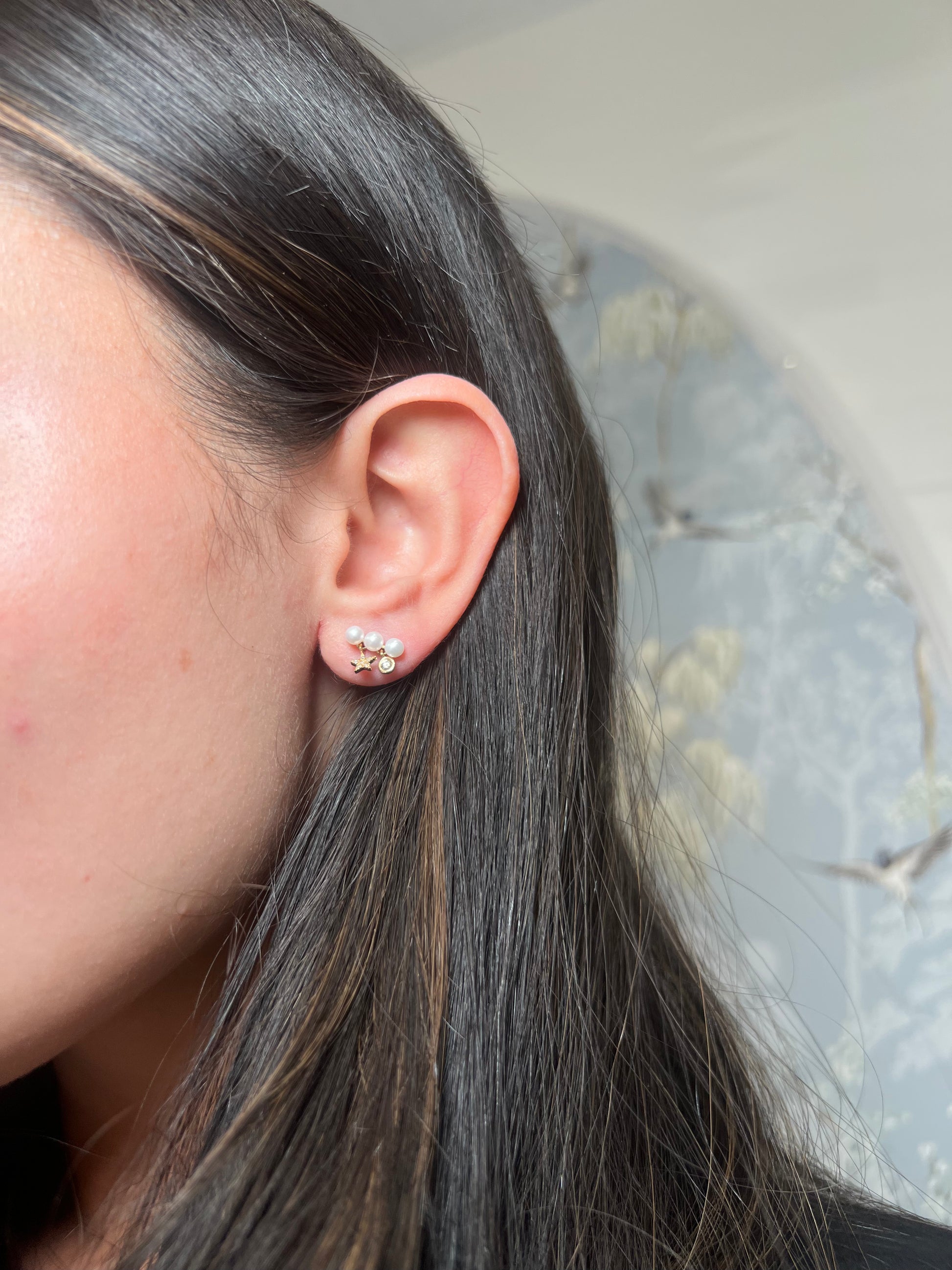 Yellow Gold Pearl Charm Earrings