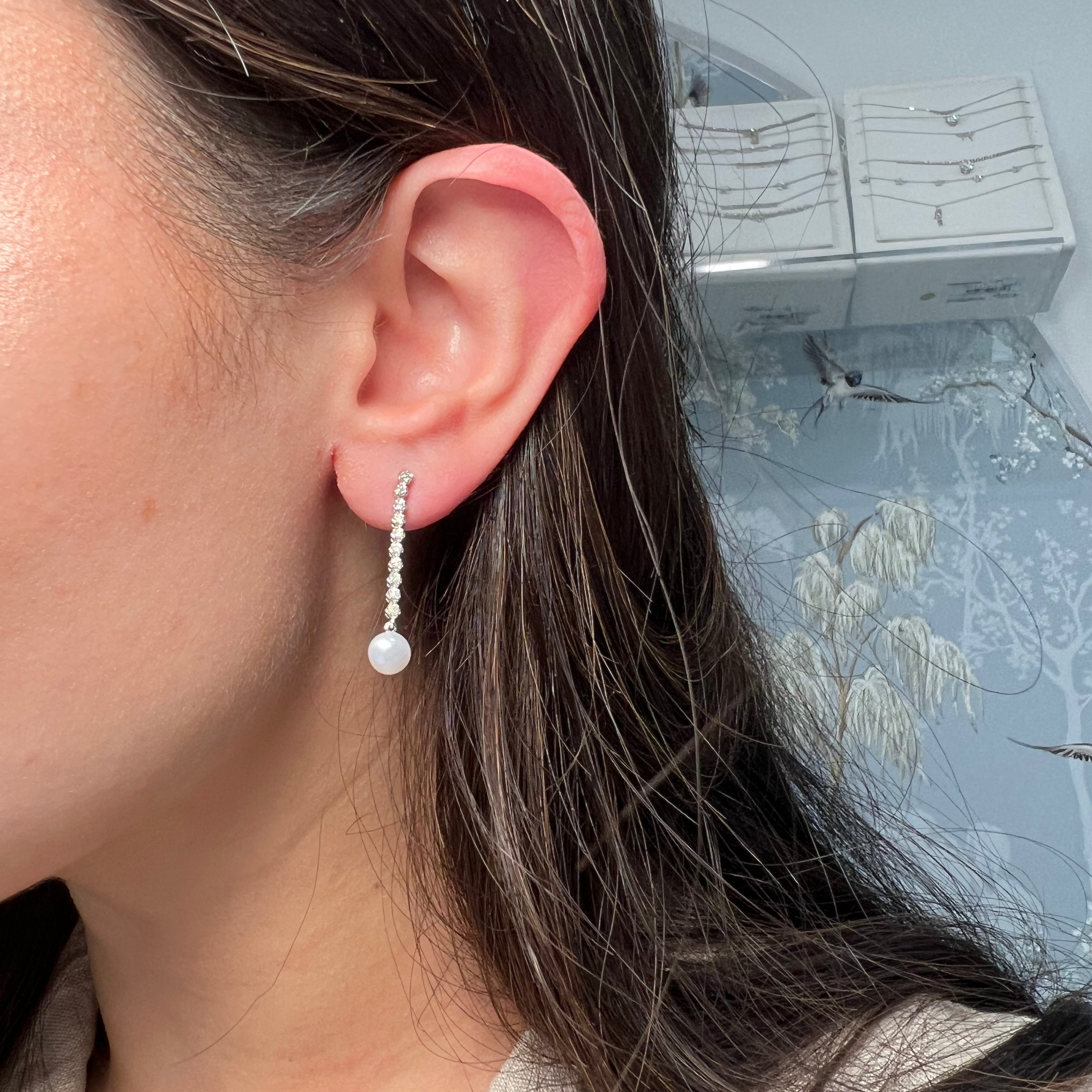 14k White Gold Pearl & Crown Prong Tennis Diamond Earrings