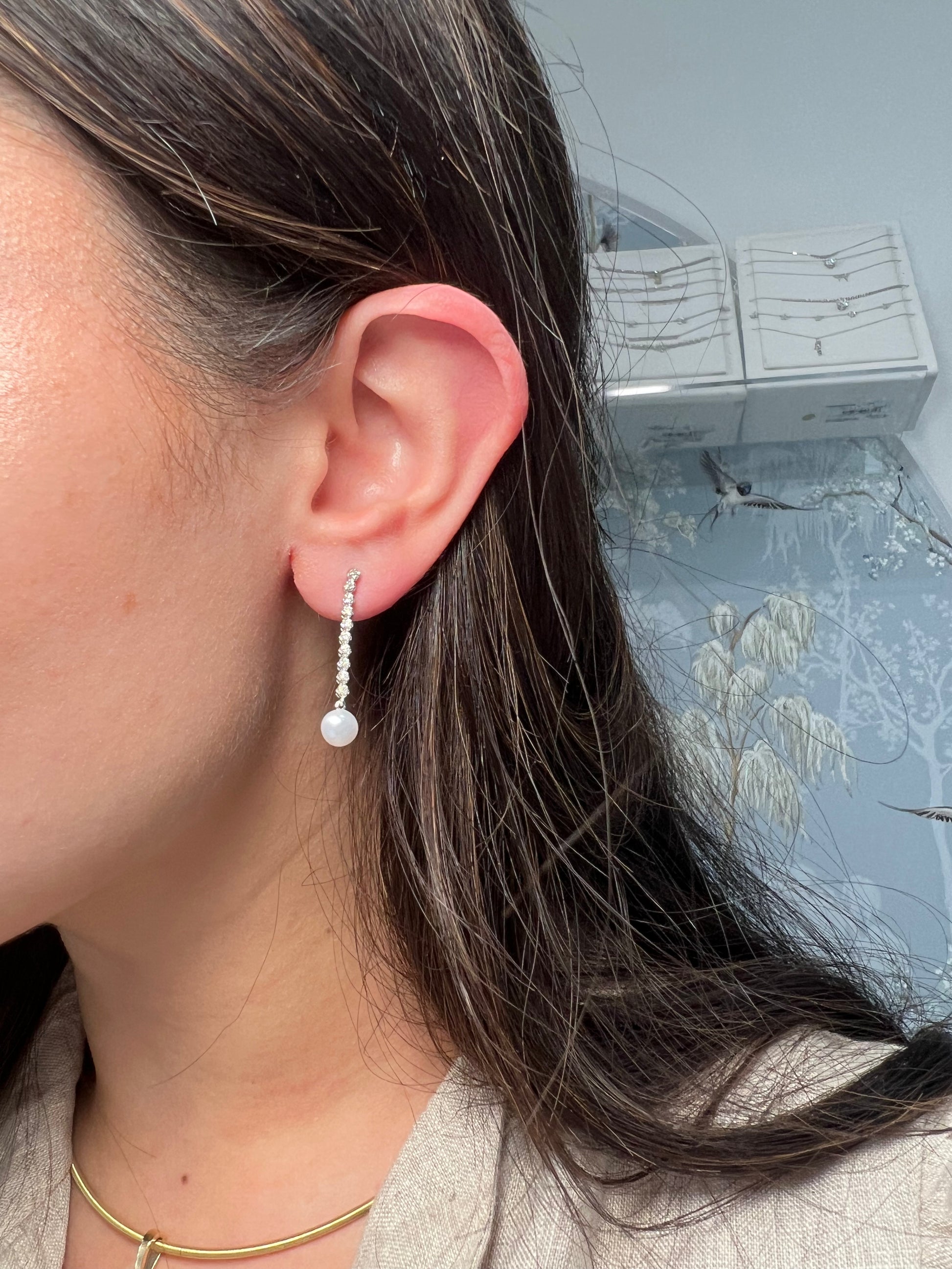 14k White Gold Pearl & Crown Prong Tennis Diamond Earrings