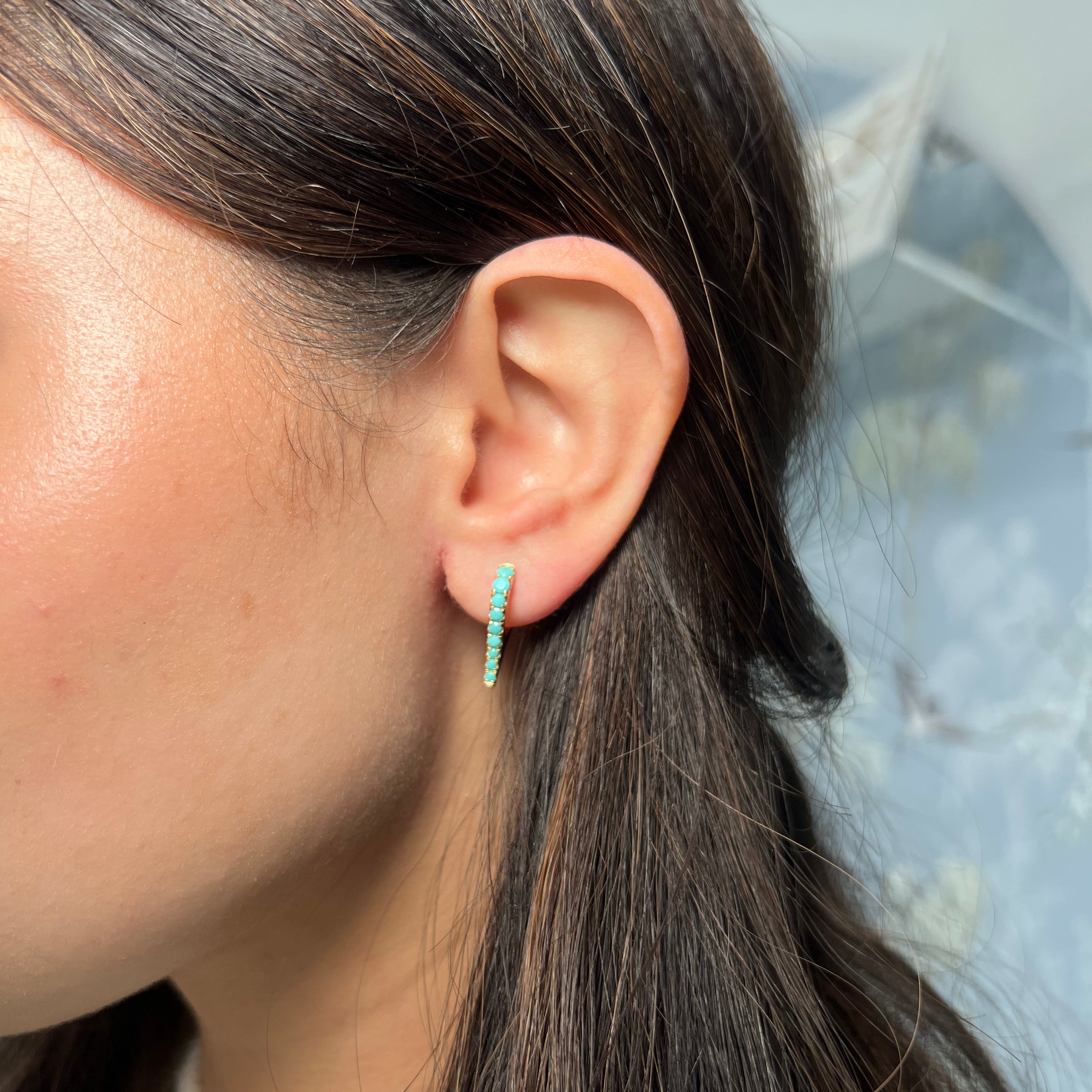 14k Yellow Gold Turquise Spike Huggie Earrings