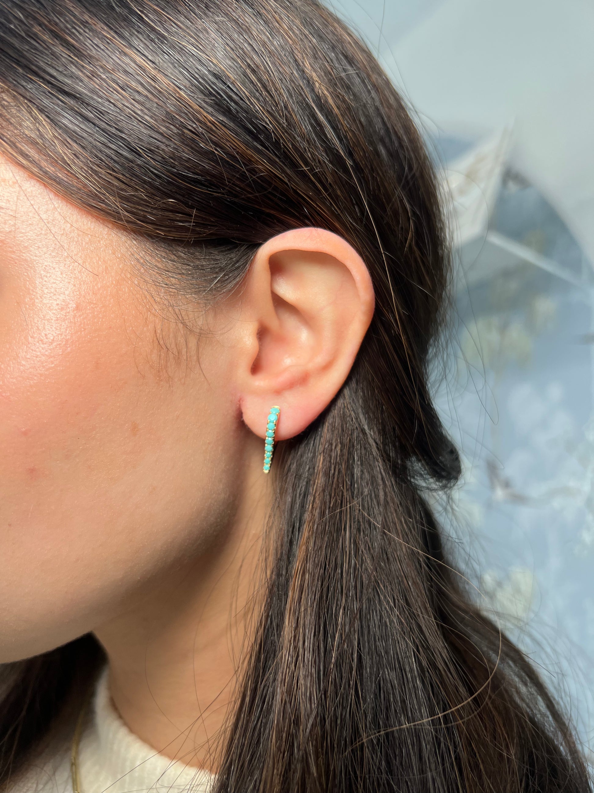 14k Yellow Gold Turquise Spike Huggie Earrings