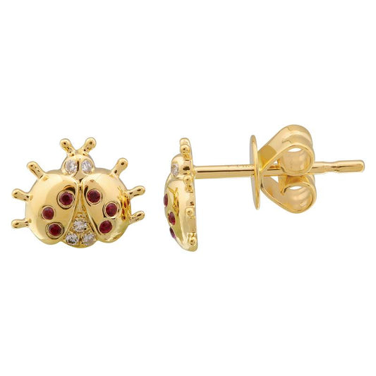 14k Yellow Gold Ladybug Ruby Stud Earrings