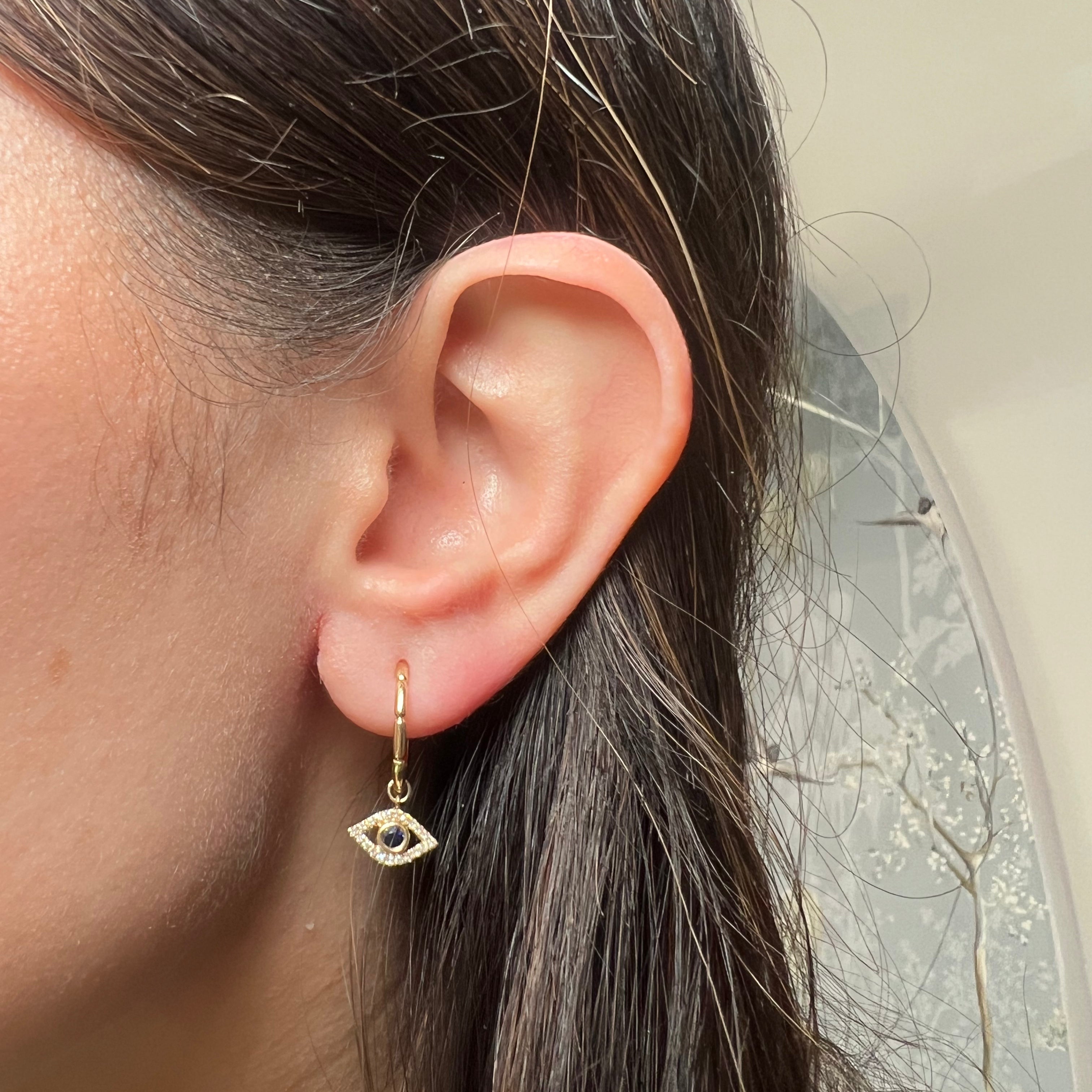 14k Yellow Gold Evil Eye Diamond Hoop Earrings
