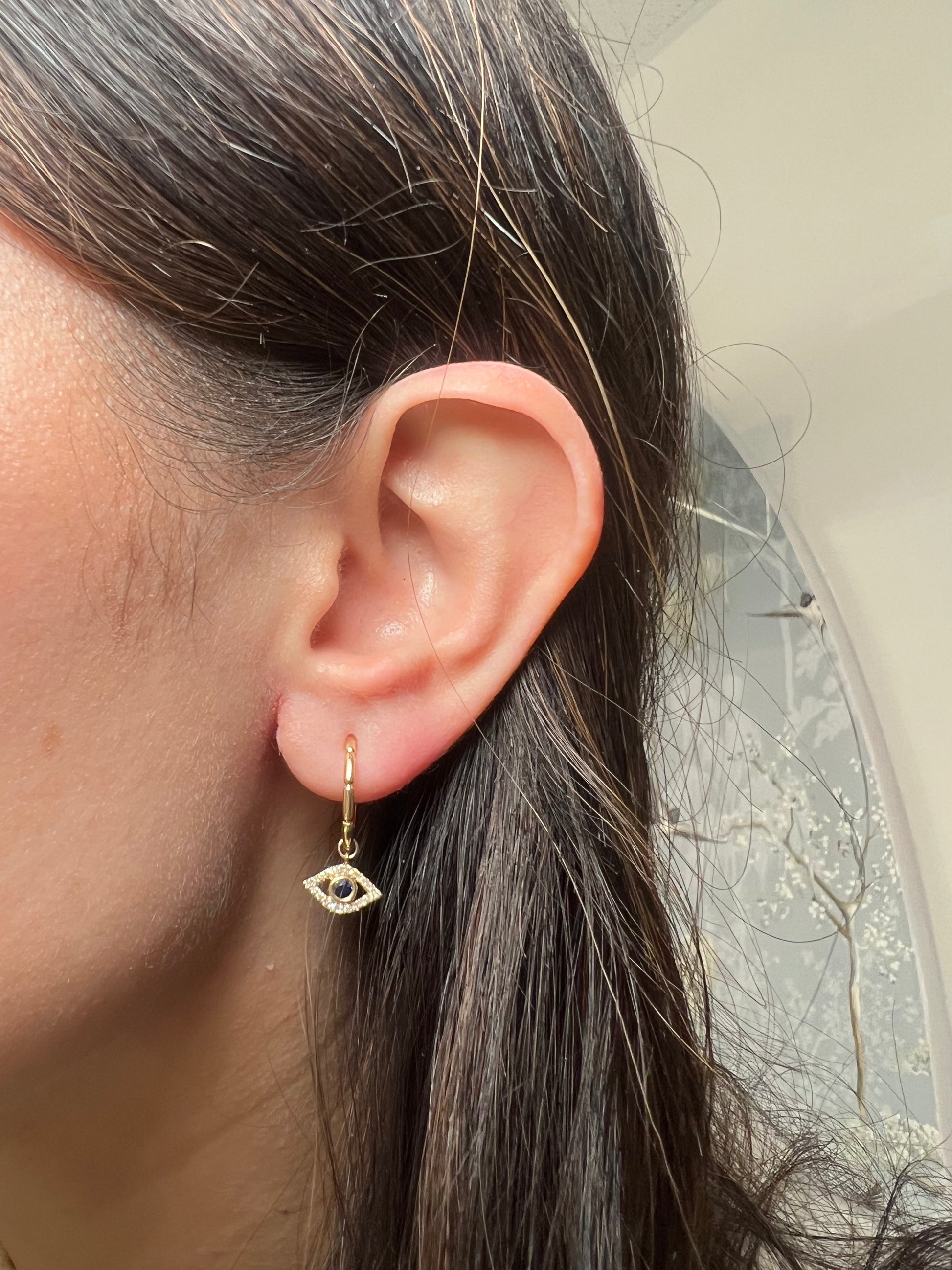14k Yellow Gold Evil Eye Diamond Hoop Earrings