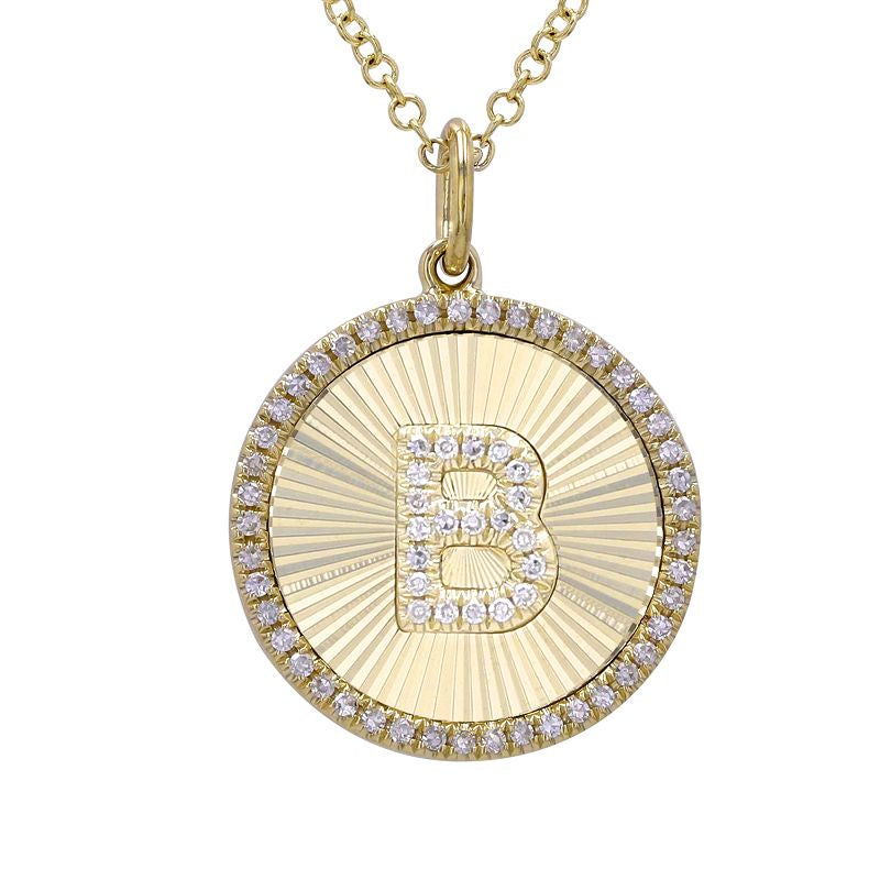 14k Yellow Gold Lines / Fluted Disc Diamond Initial Necklace