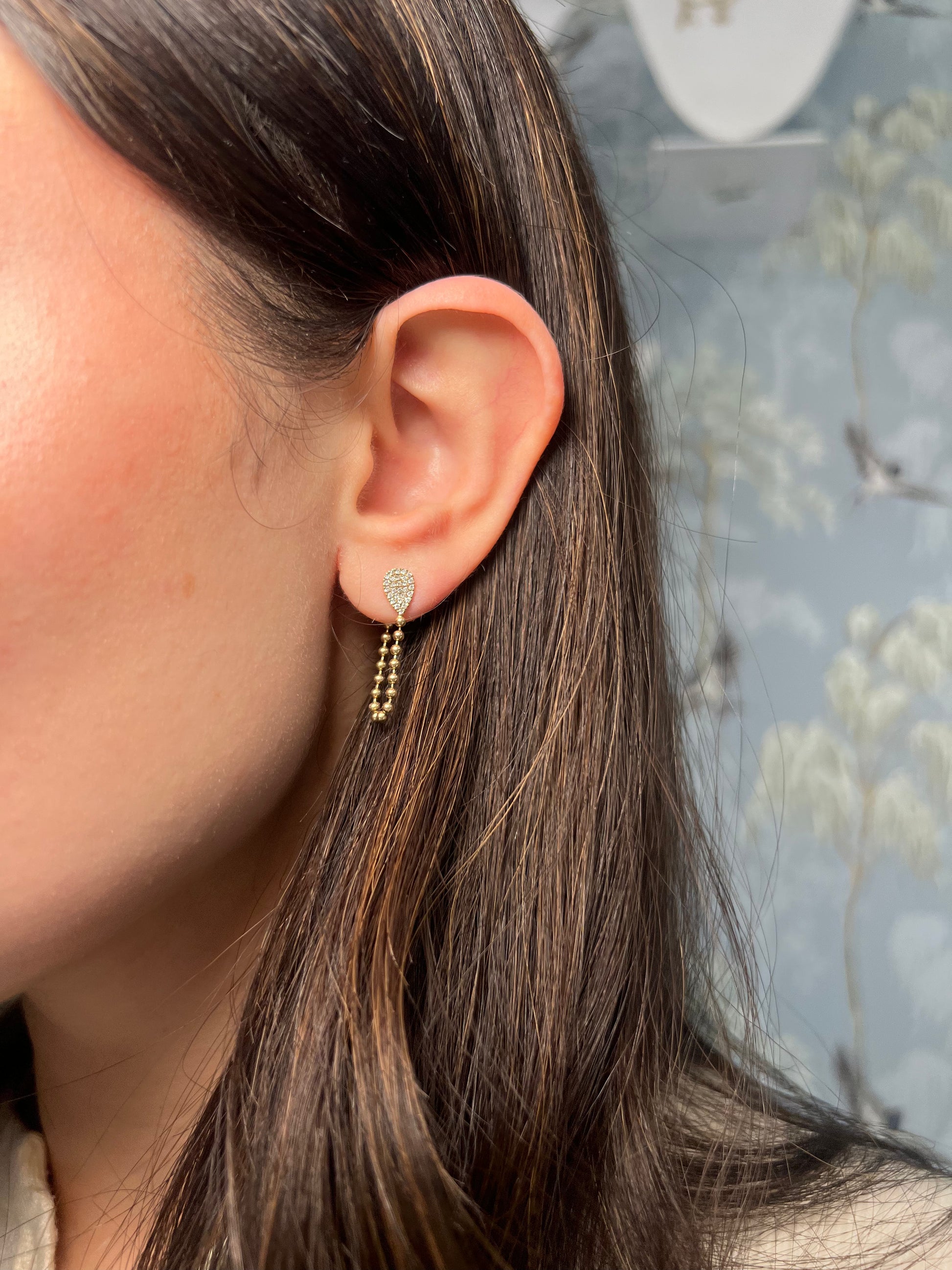 14k Yellow Gold Diamond Pear Ball Chain Earrings