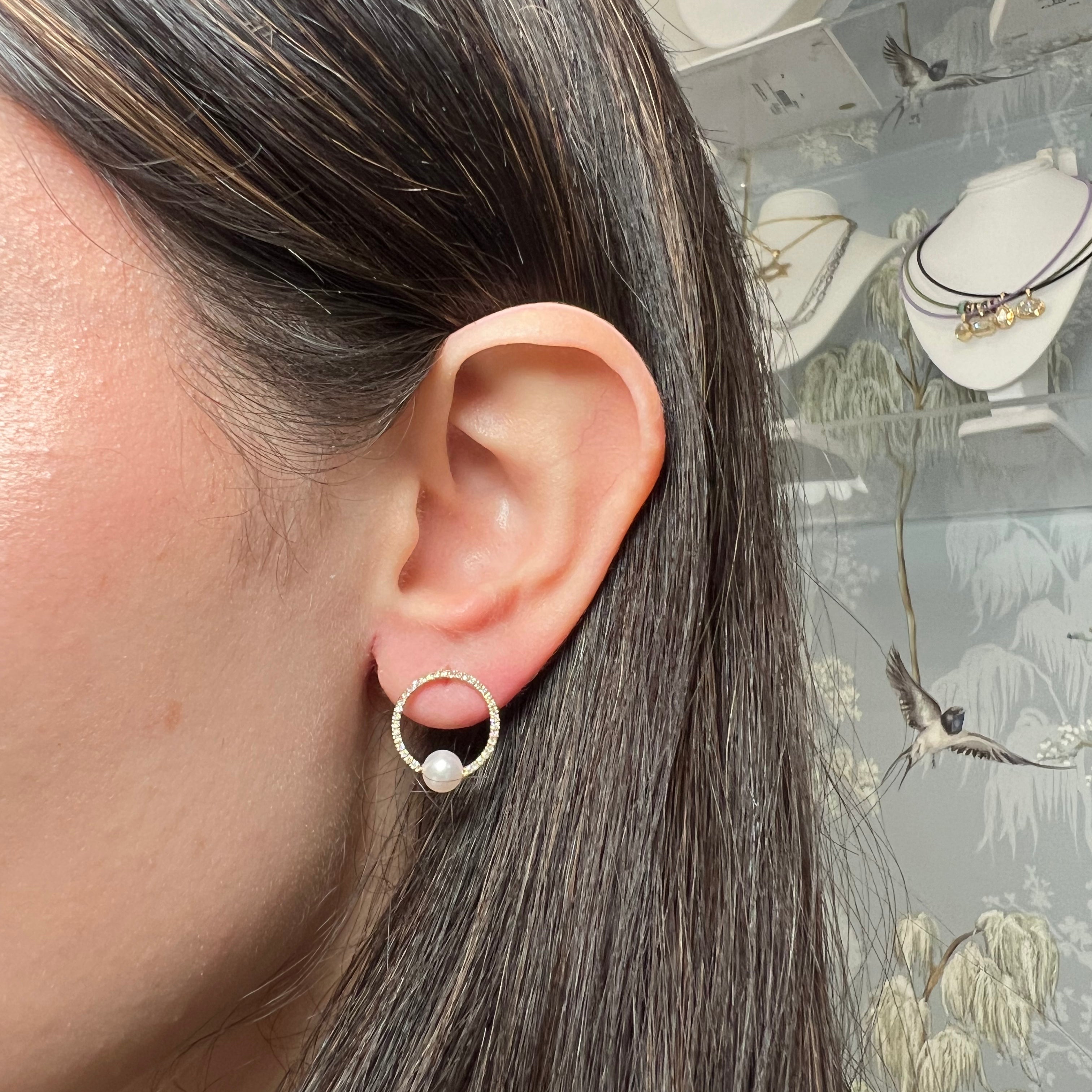 14k Yellow Gold, Diamond and Pearl Circle Earring