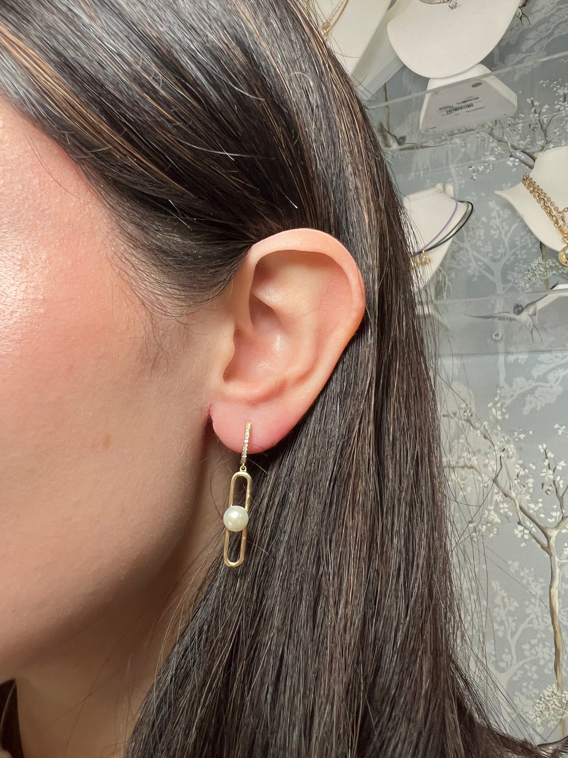 14k Yellow Gold Pearl Diamond Huggie Earrings