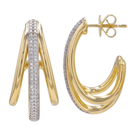 14k Yellow Gold Double Line Open Hoop Diamond Earrings * Light Gold Weight*