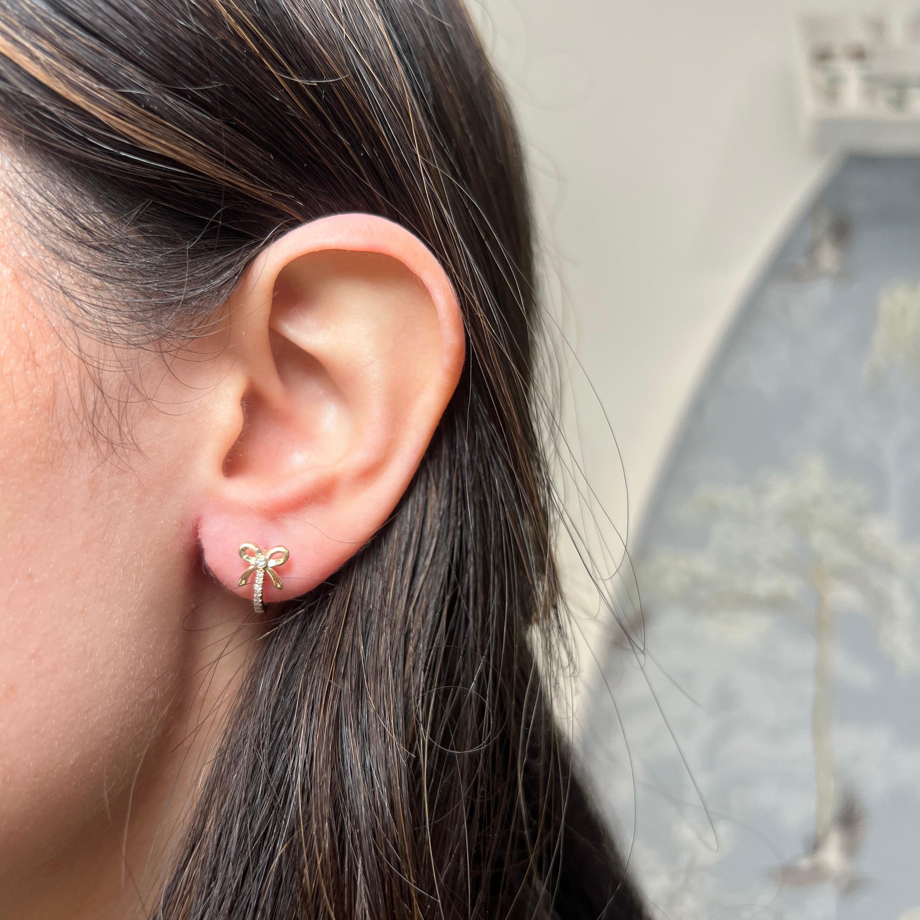 14k Yellow Gold Bow Diamond Huggie Earrings