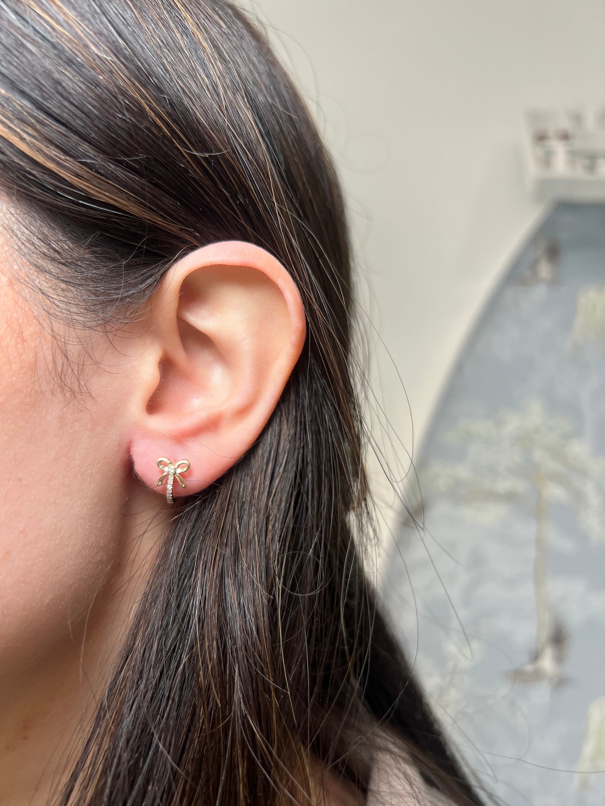 14k Yellow Gold Bow Diamond Huggie Earrings