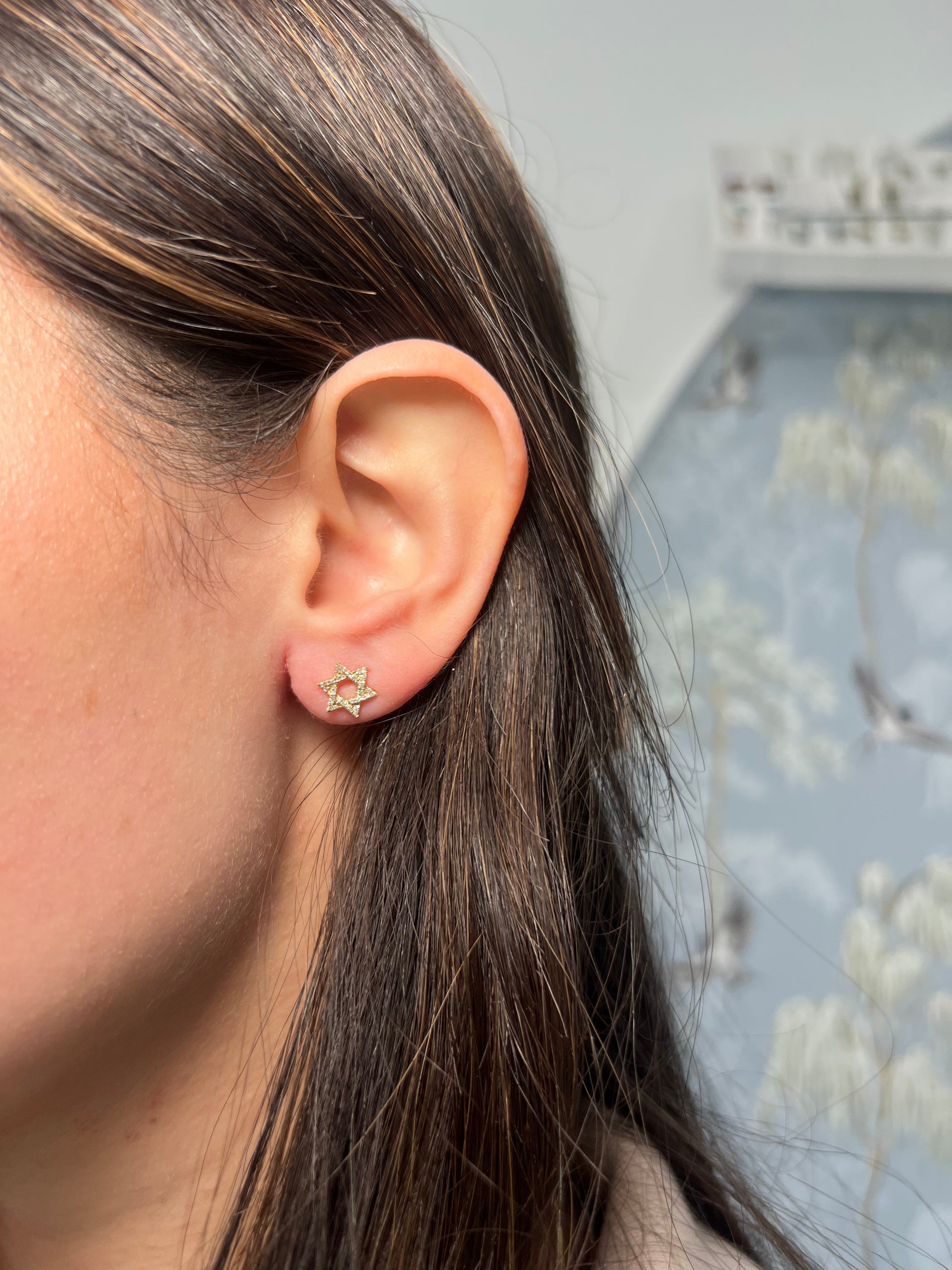 14k Gold Star Of David Diamond Stud Earrings