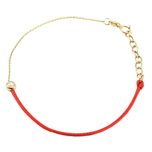 Yellow Gold Half Bezel Diamond Half Red Cord Bracelet