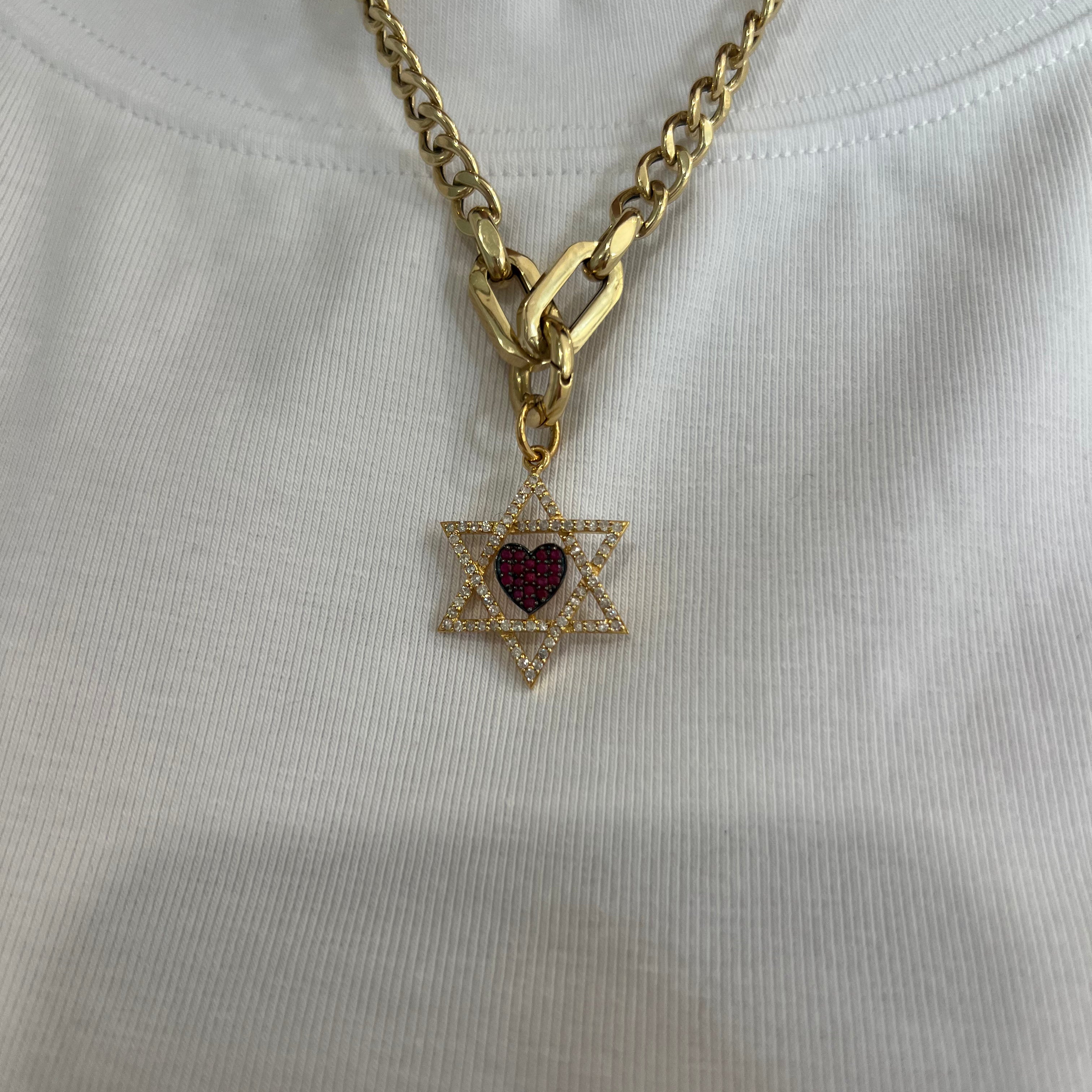 14k Yellow Gold Diamond Heart with Ruby Star of David Charm