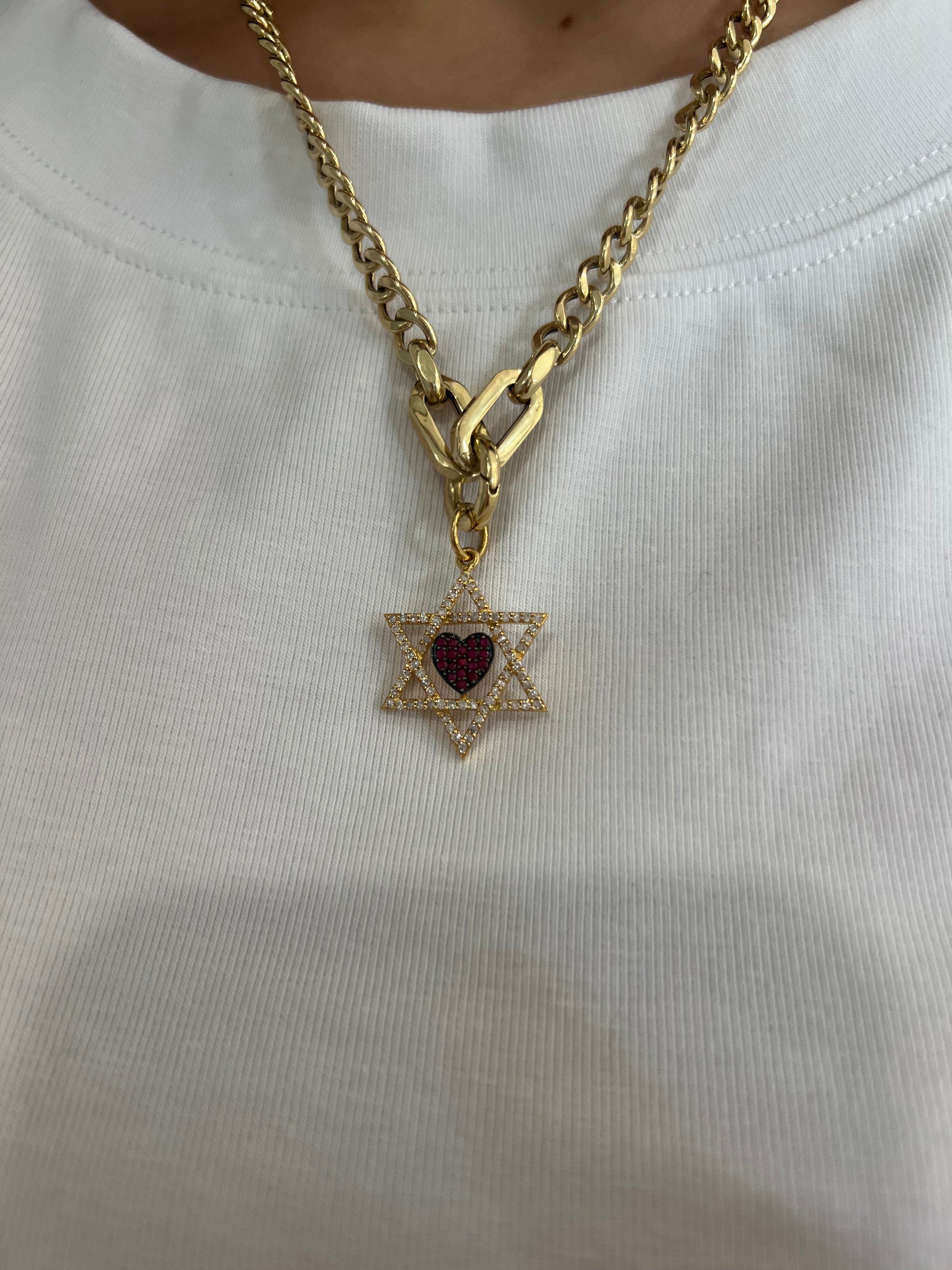 14k Yellow Gold Diamond Heart with Ruby Star of David Charm