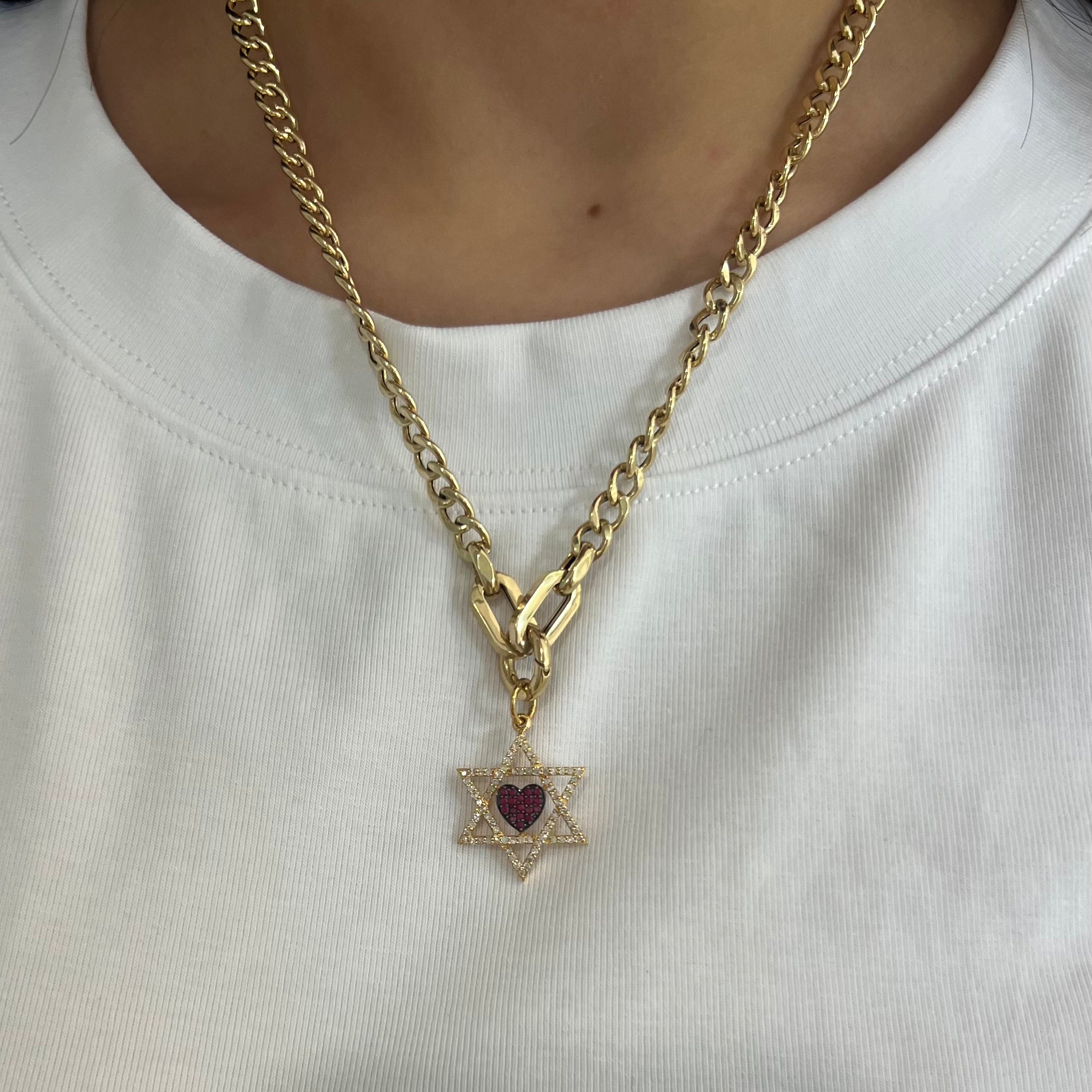 14k Yellow Gold Diamond Heart with Ruby Star of David Charm