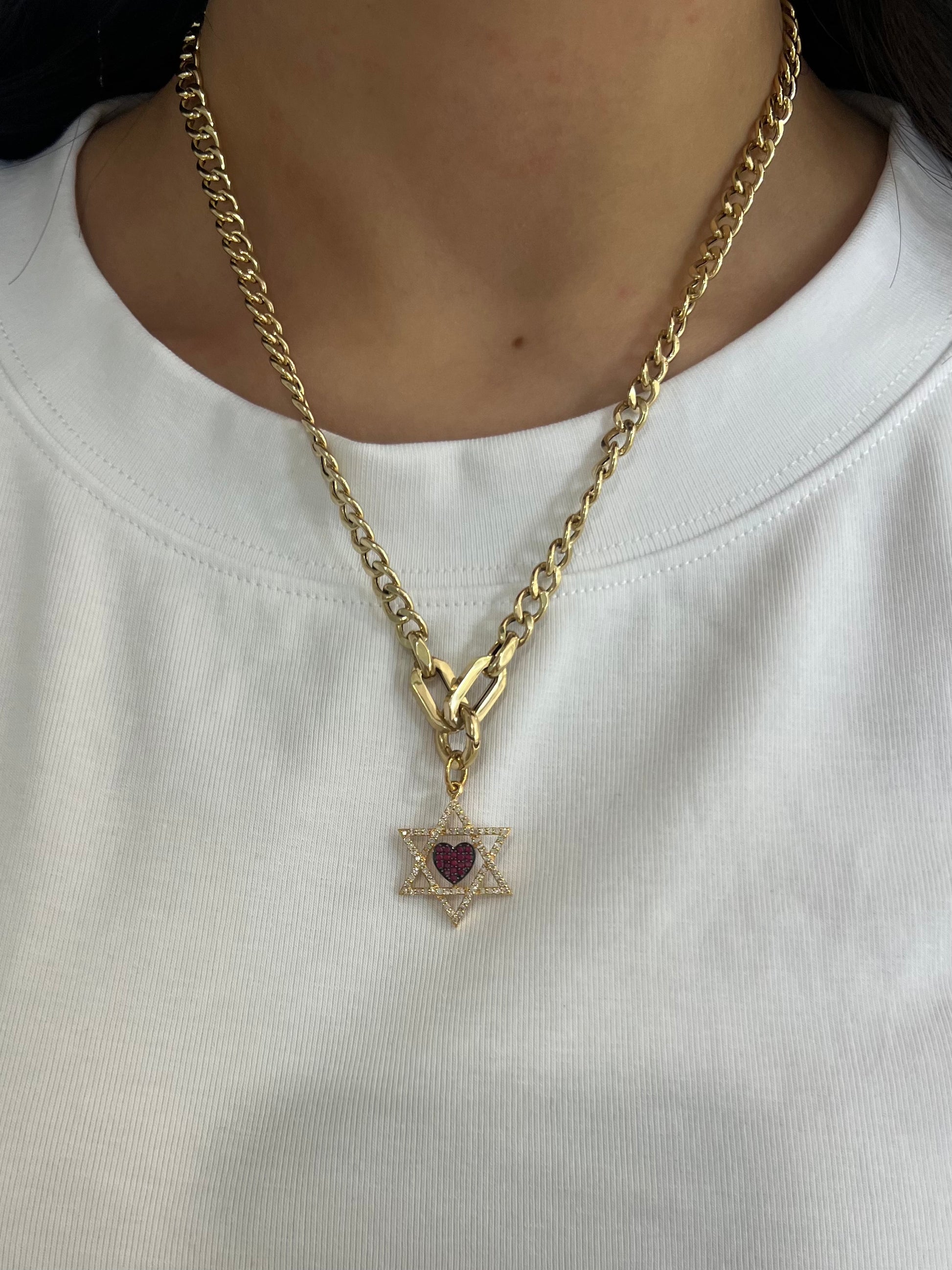 14k Yellow Gold Diamond Heart with Ruby Star of David Charm