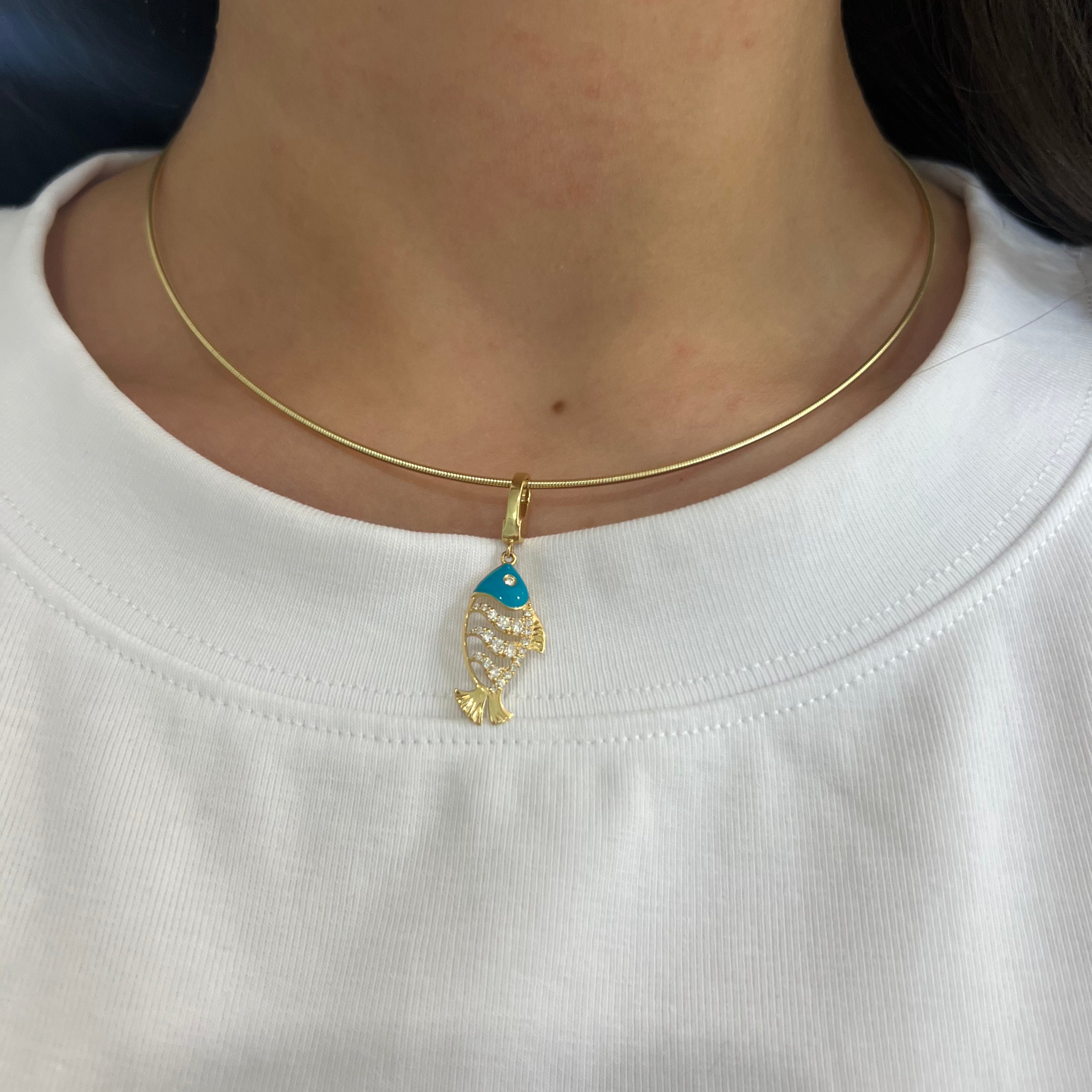 18k Yellow Gold Turquoise and Diamond Fish Pendant