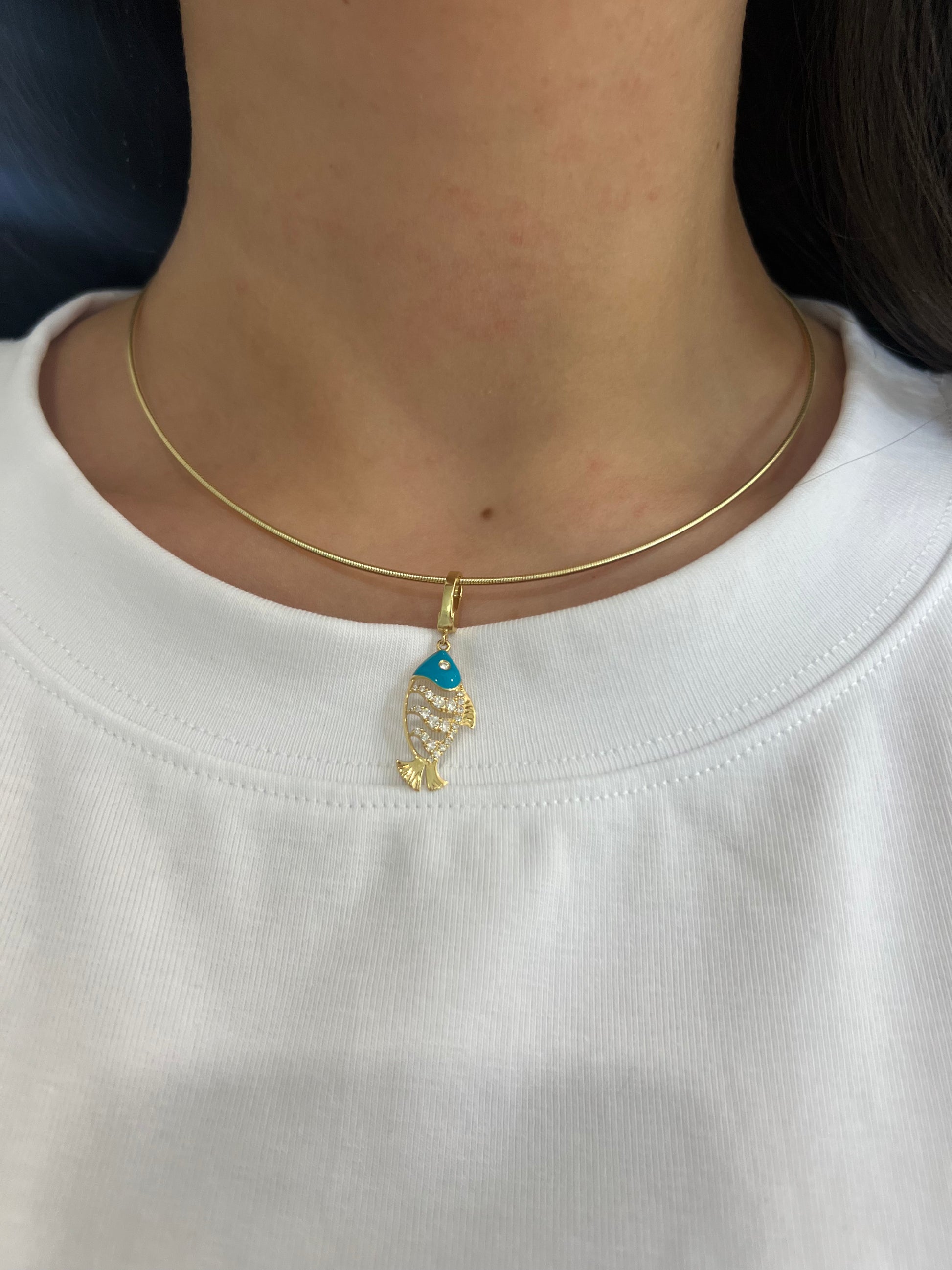 18k Yellow Gold Turquoise and Diamond Fish Pendant
