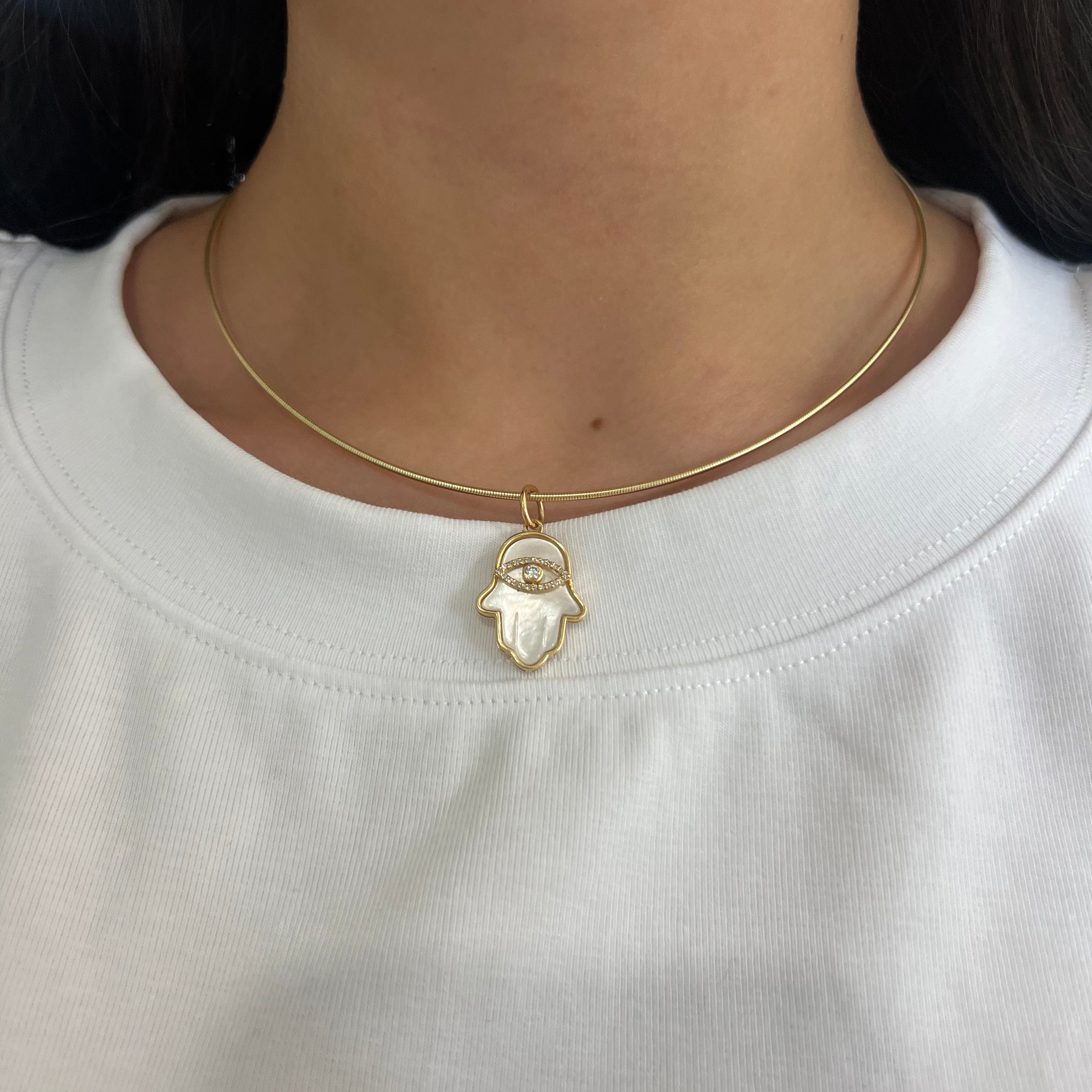 14k Yellow Gold Mother of Pearl Hamsa with Diamond Evil Eye Pendant