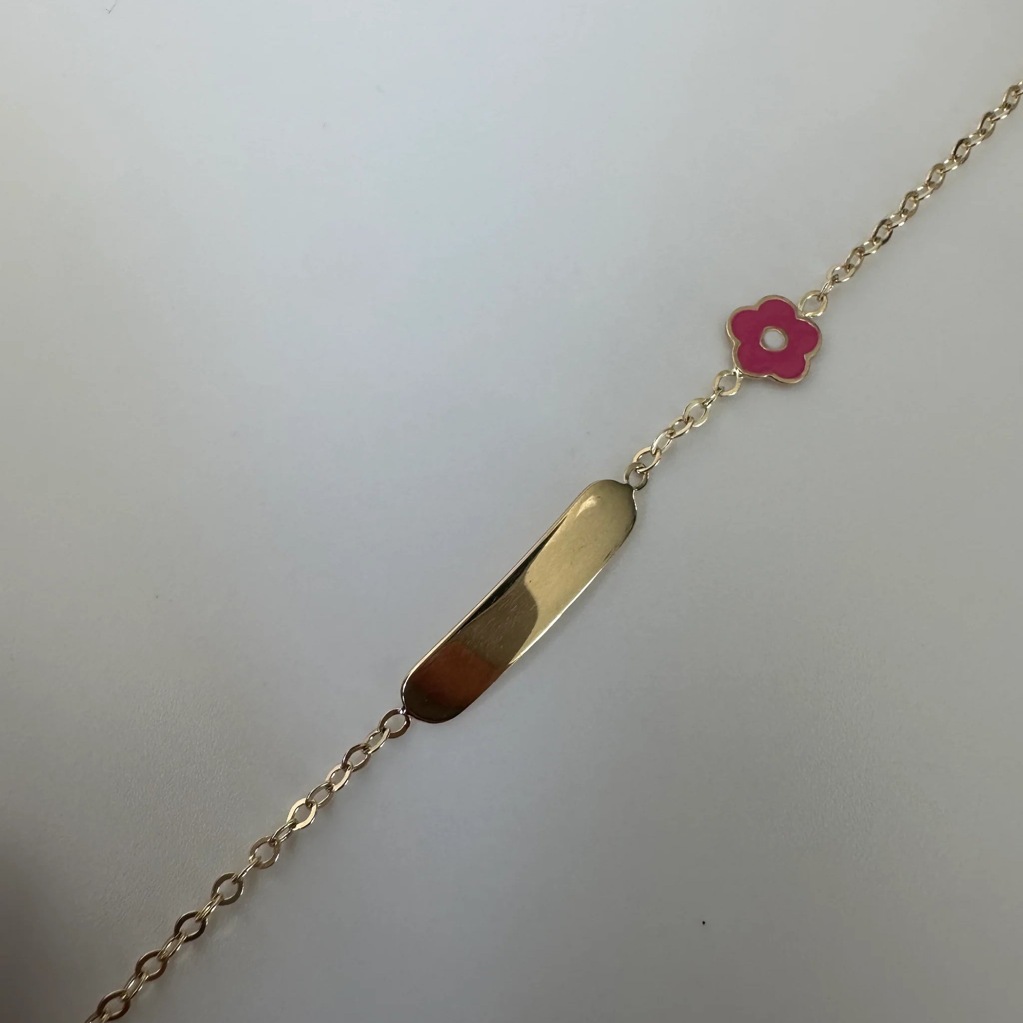 Gold Nameplate & Pink Enamel Flower Baby Bracelet