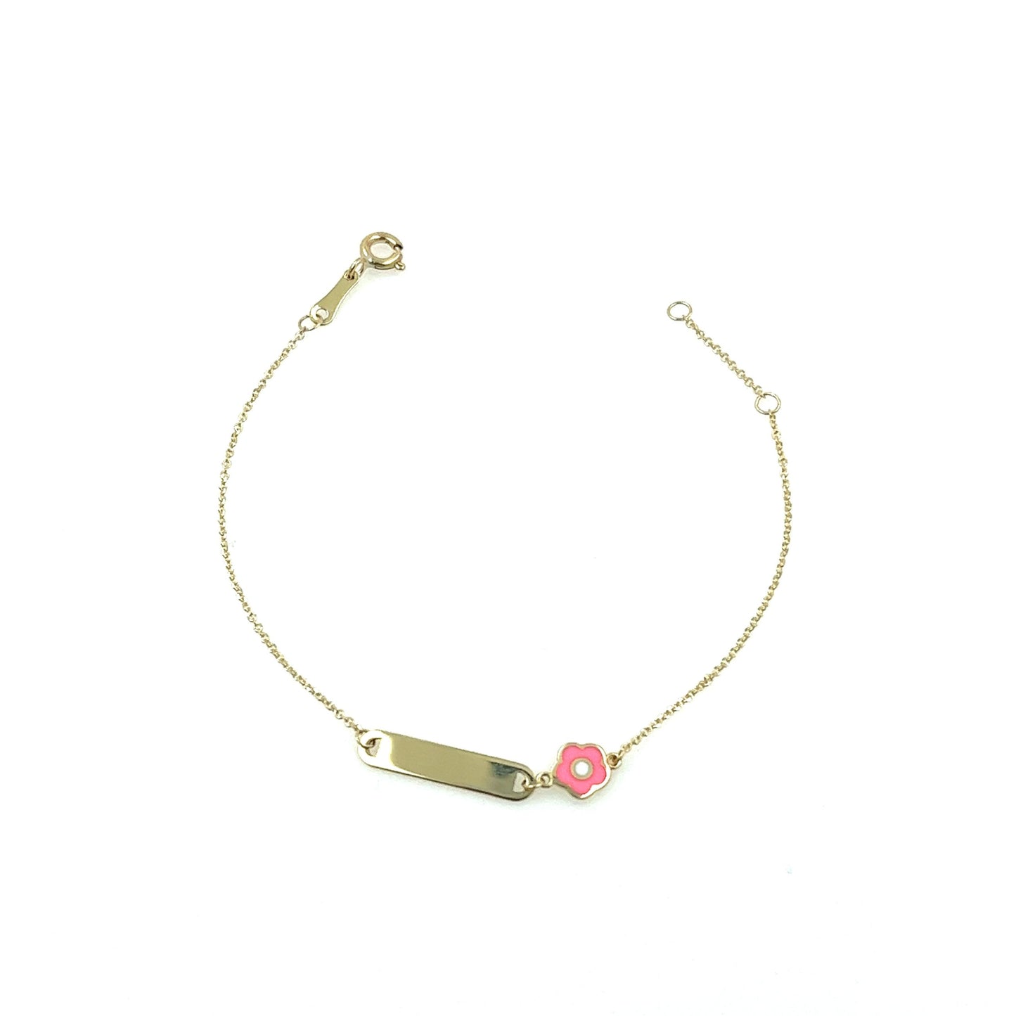 Gold Nameplate & Pink Enamel Flower Baby Bracelet