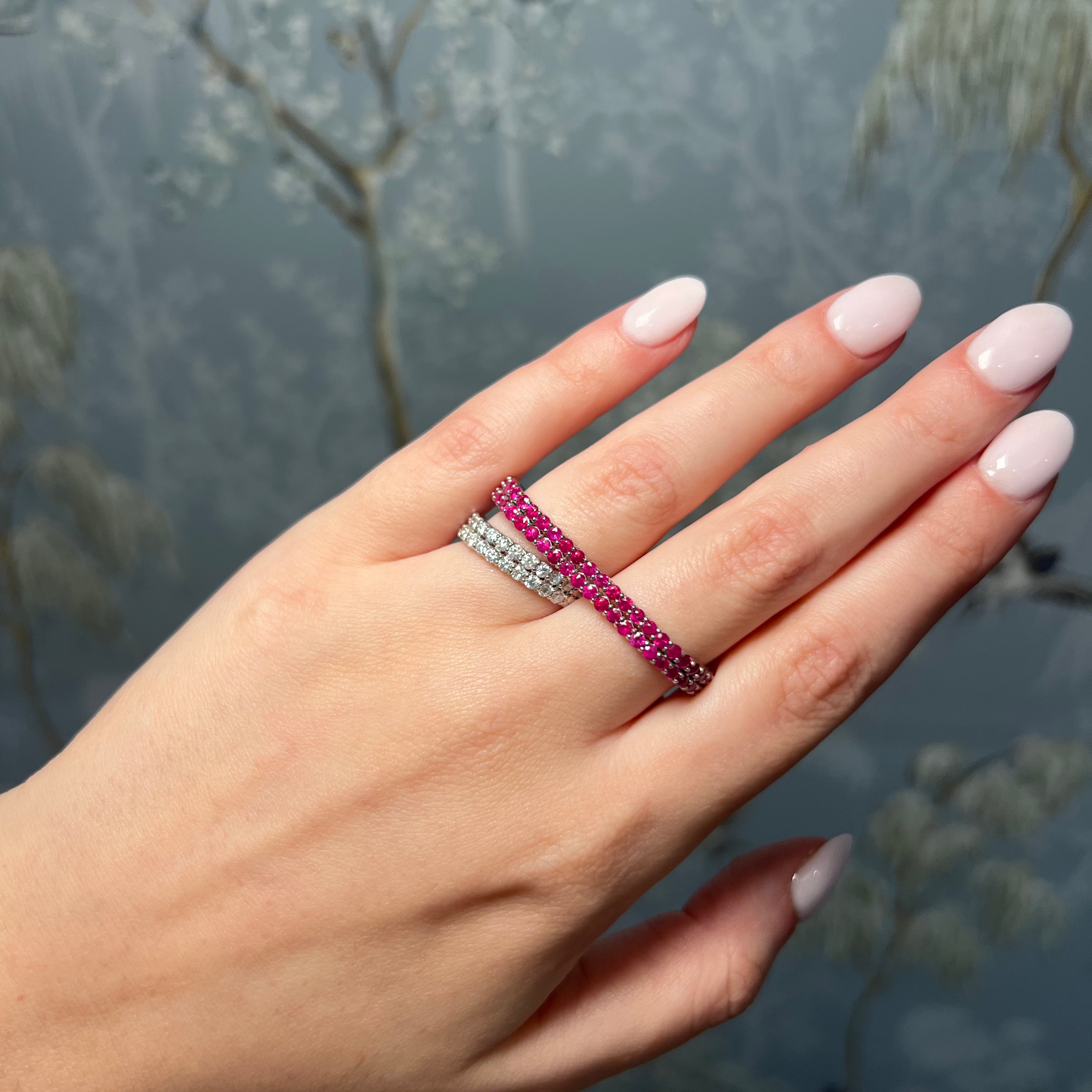 White Gold Two Finger Double Row Ruby and Diamond Ring