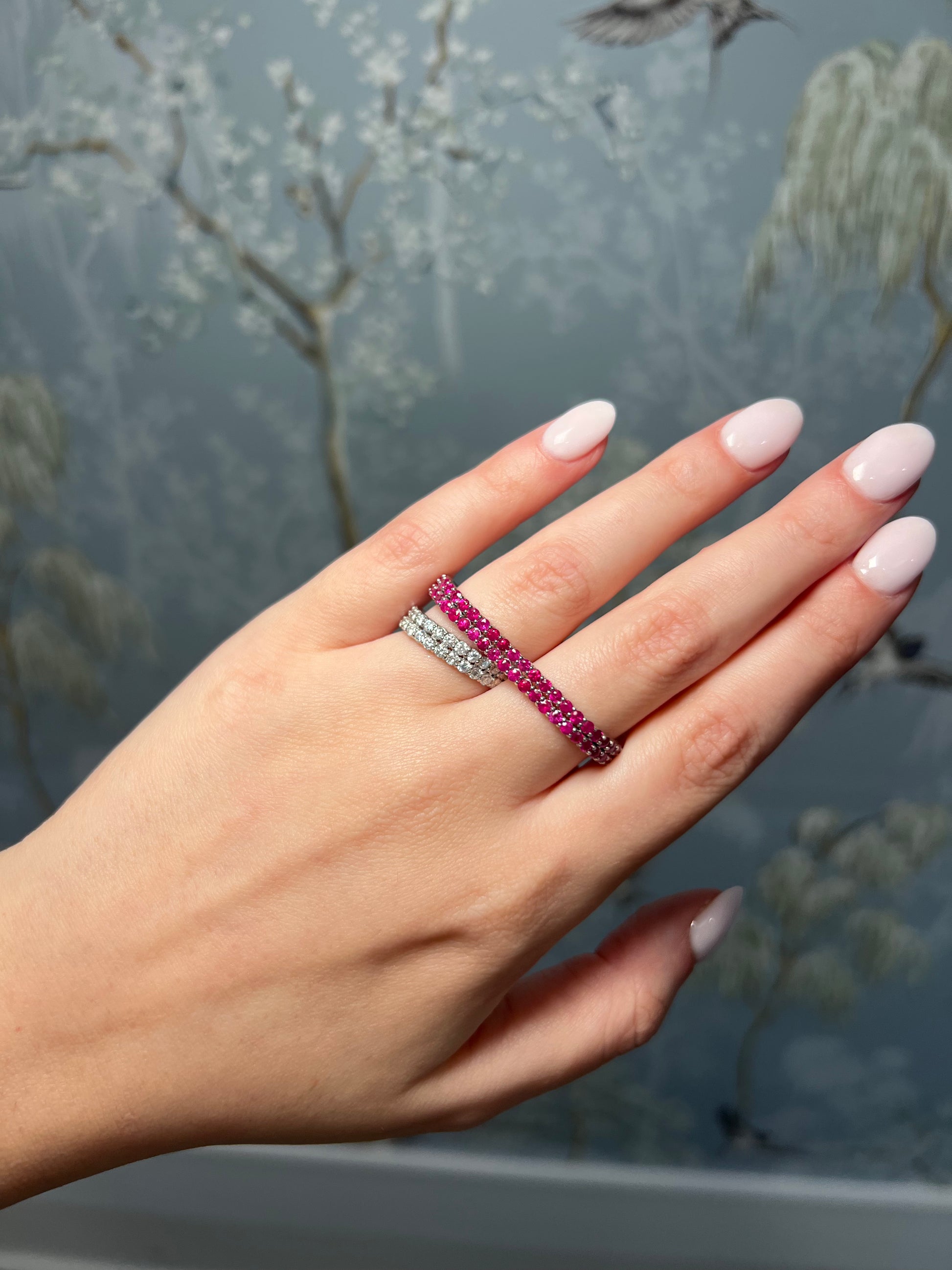 White Gold Two Finger Double Row Ruby and Diamond Ring