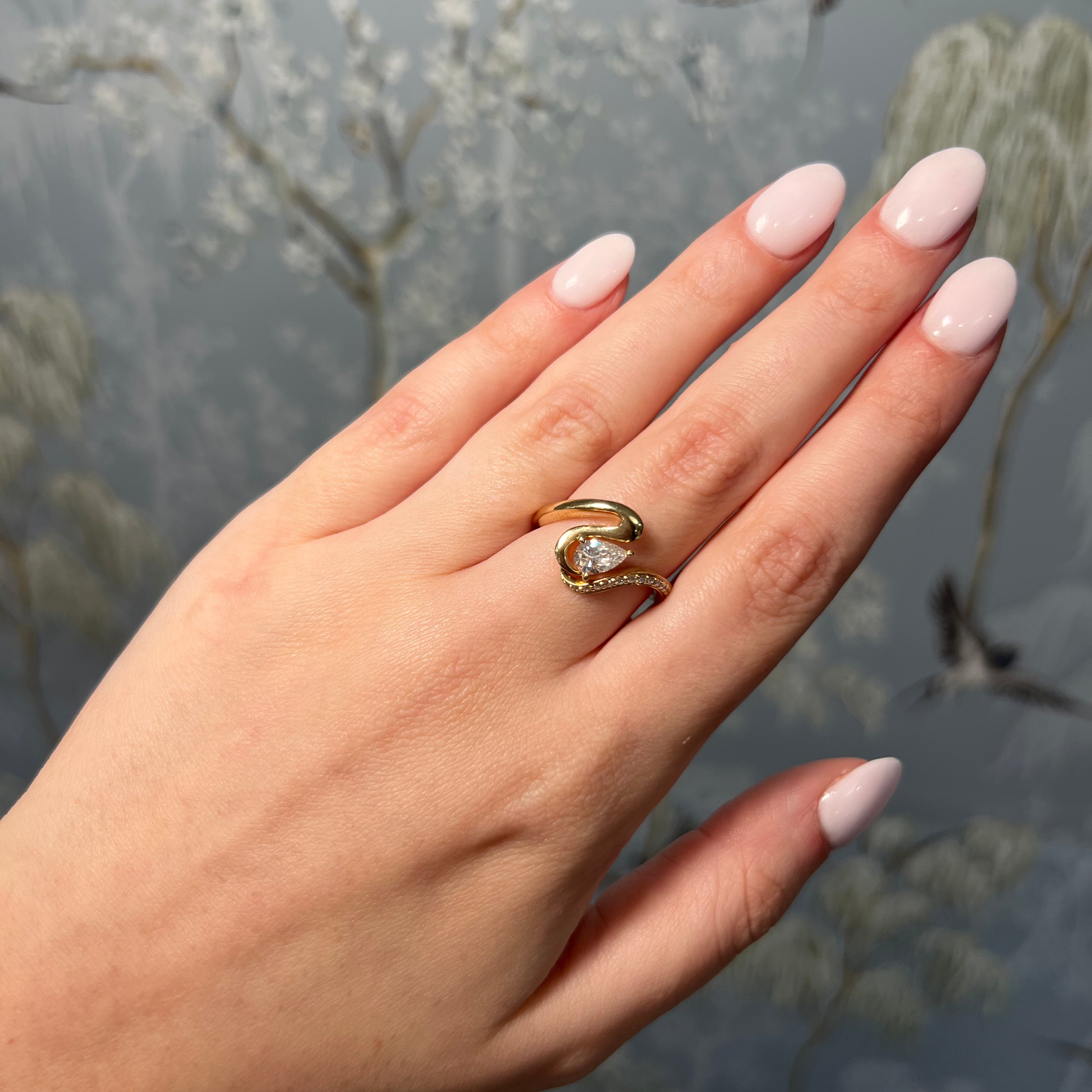 Yellow Gold Wave with Lab Grown Pear Stone