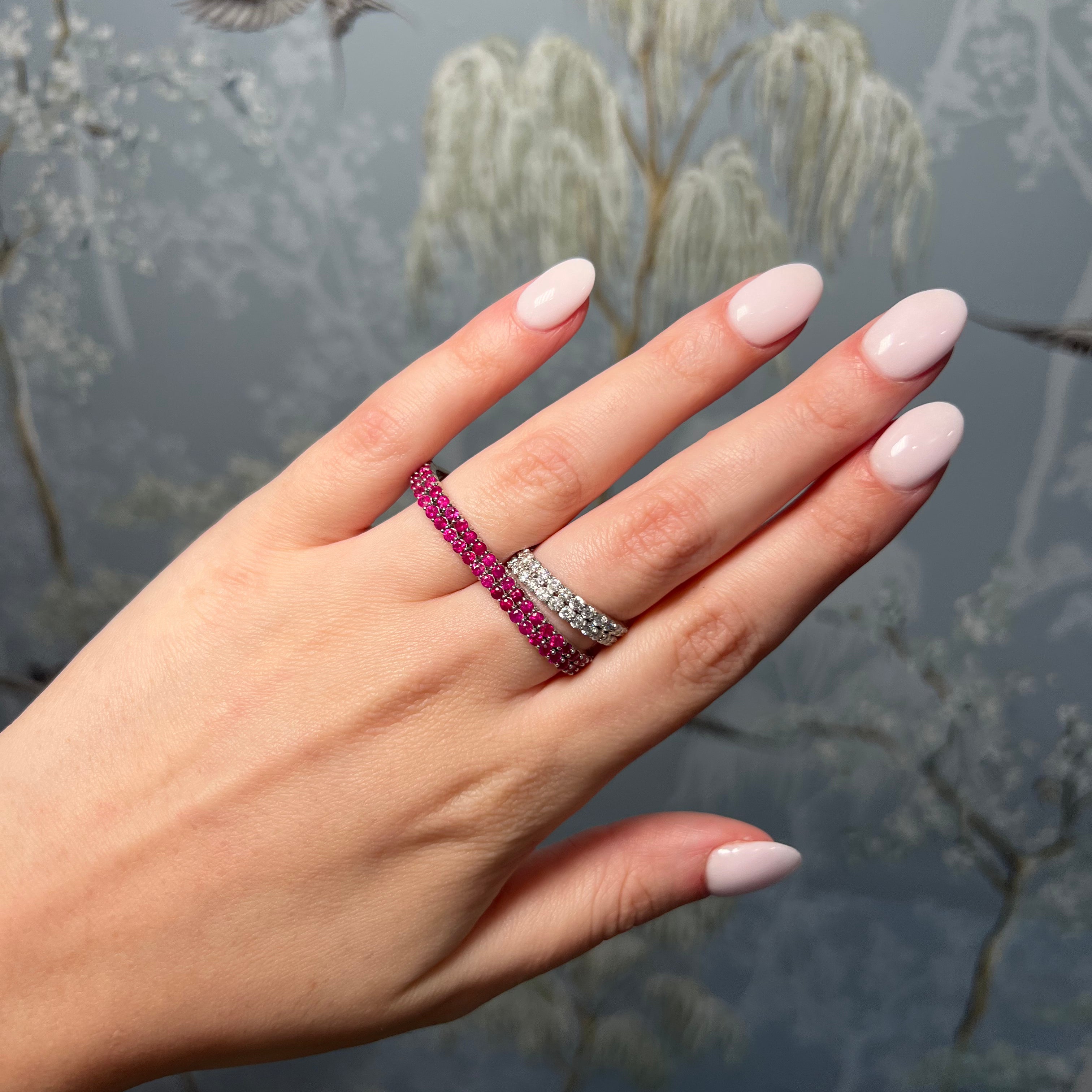 White Gold Two Finger Double Row Ruby and Diamond Ring
