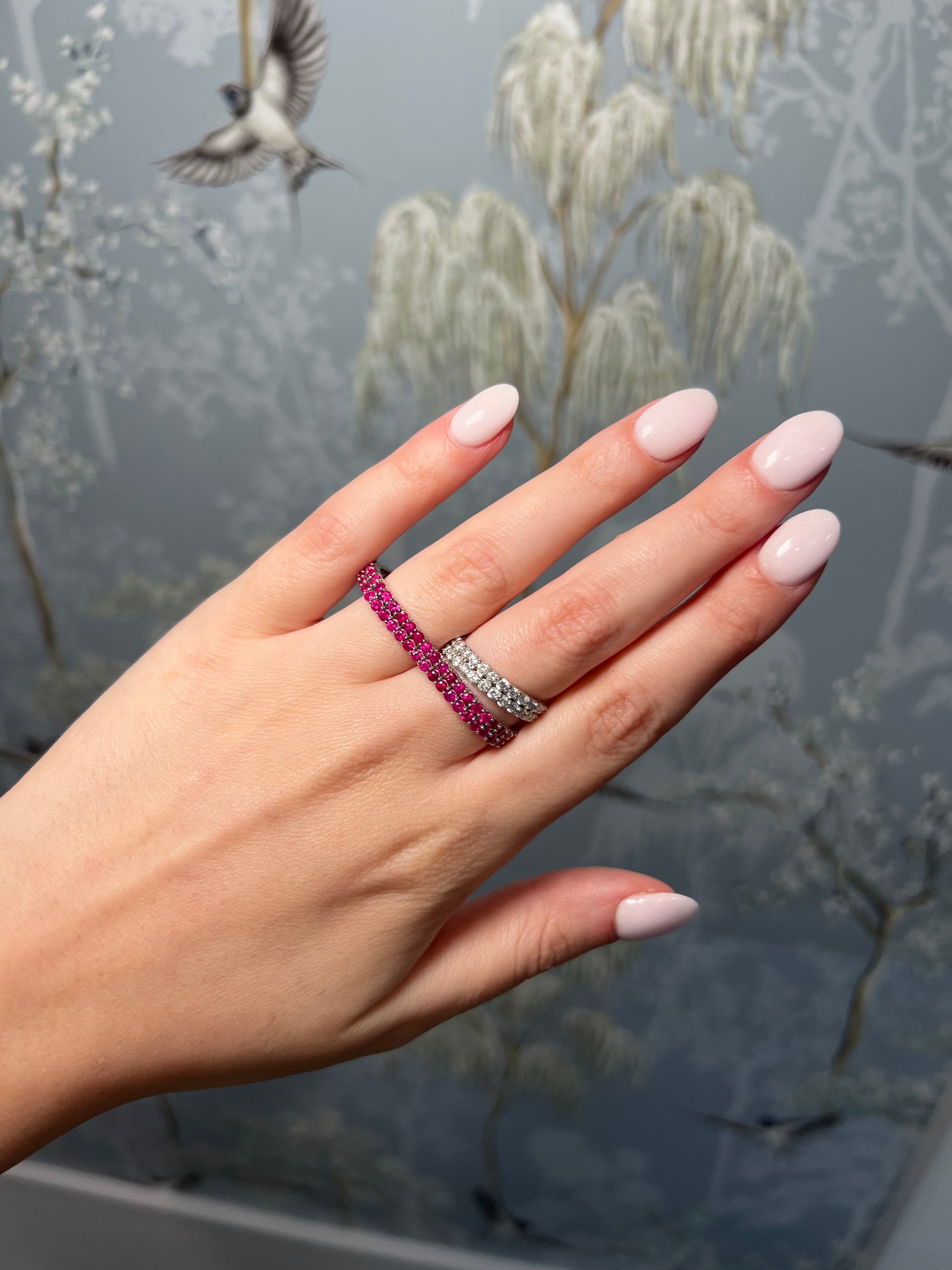 White Gold Two Finger Double Row Ruby and Diamond Ring