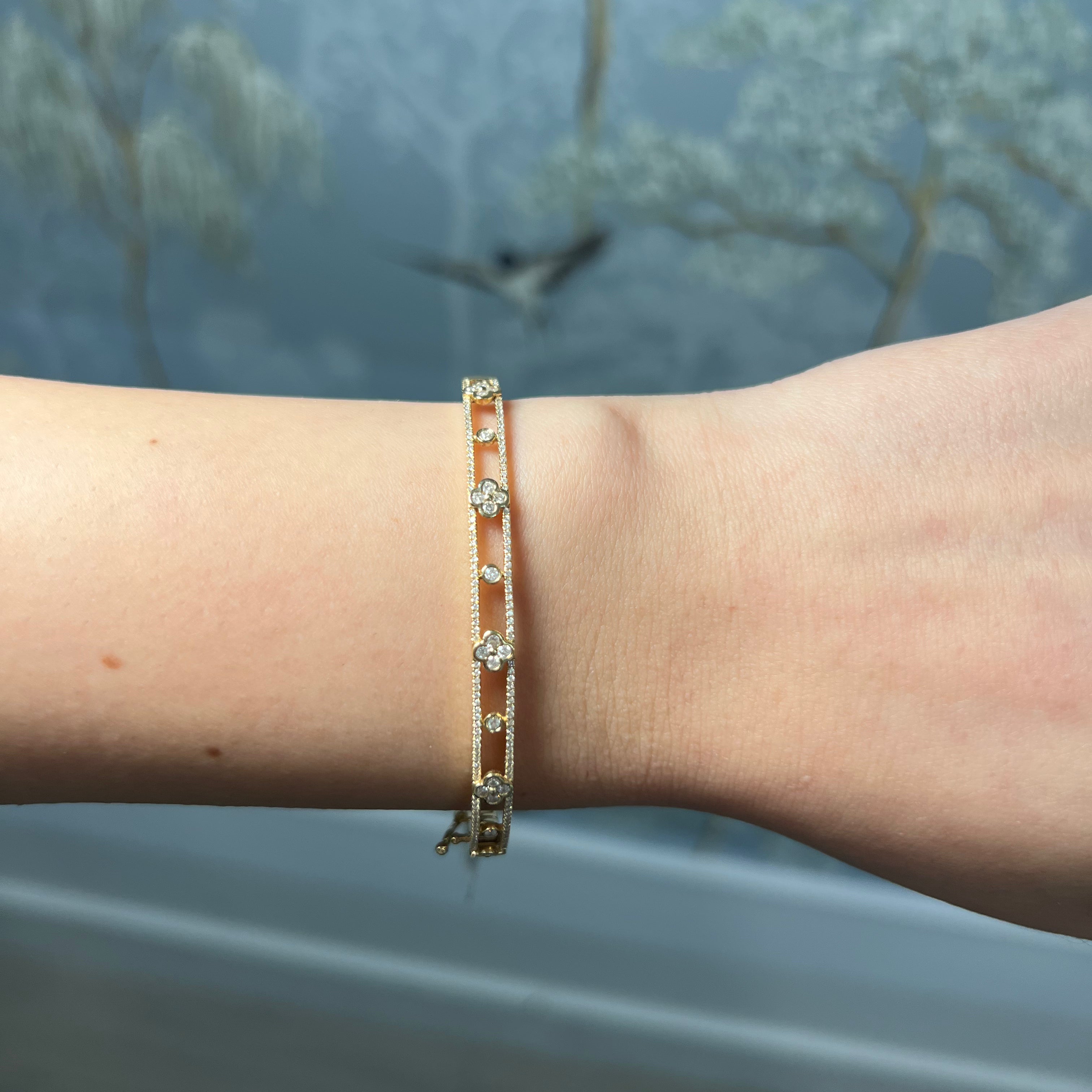 Yellow Gold and Diamond Flower Bangle