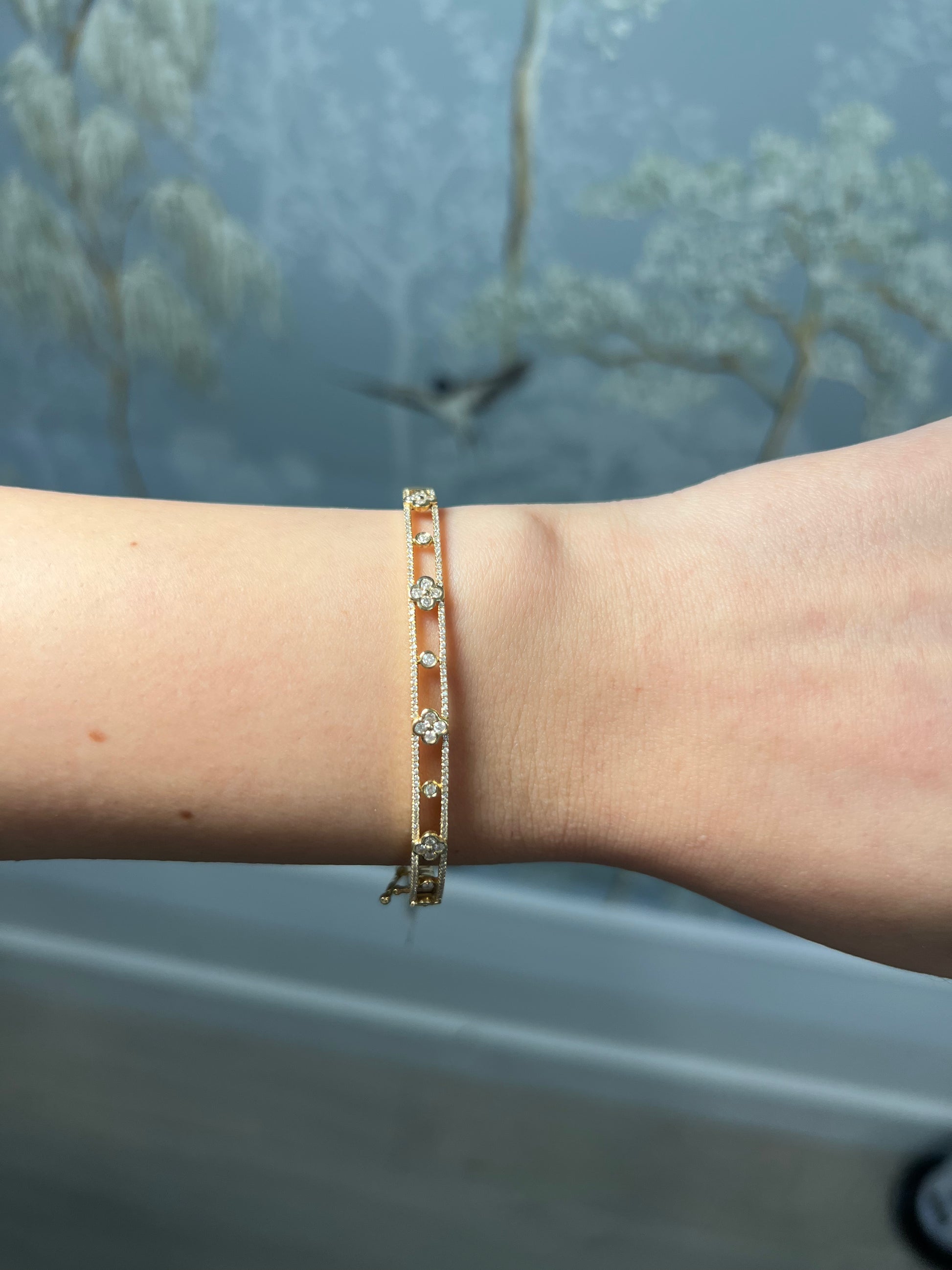 Yellow Gold and Diamond Flower Bangle