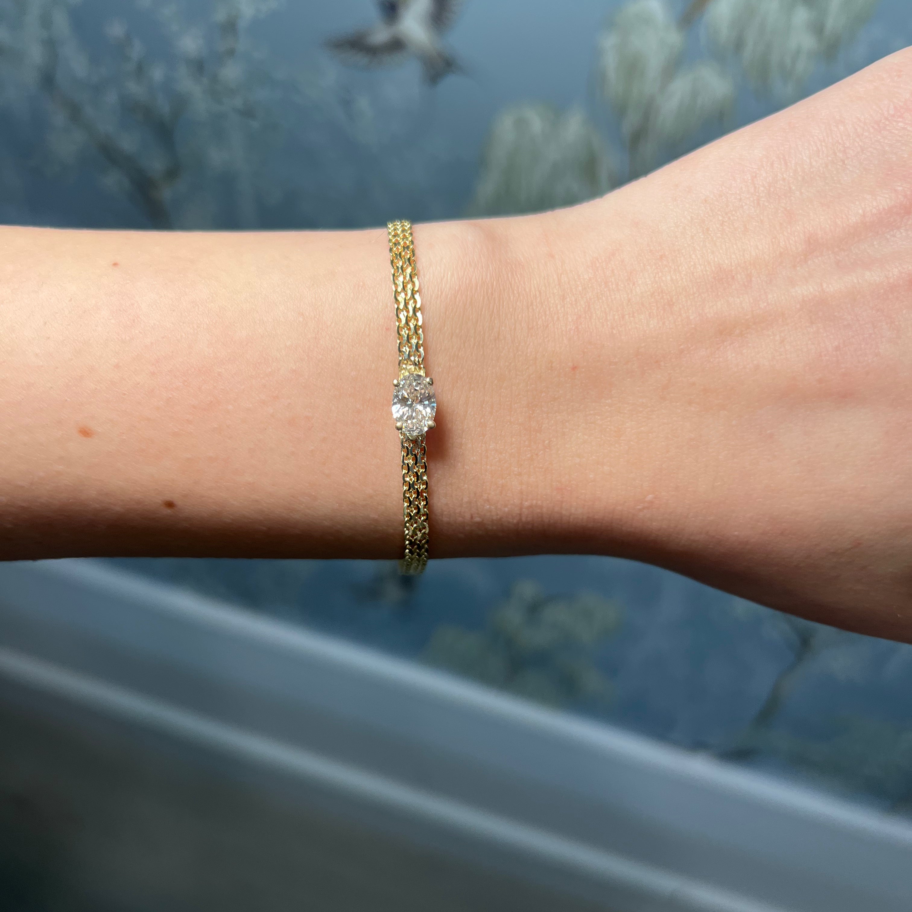 Yellow Gold Mesh Chain with Oval Lab Diamond Bracelet