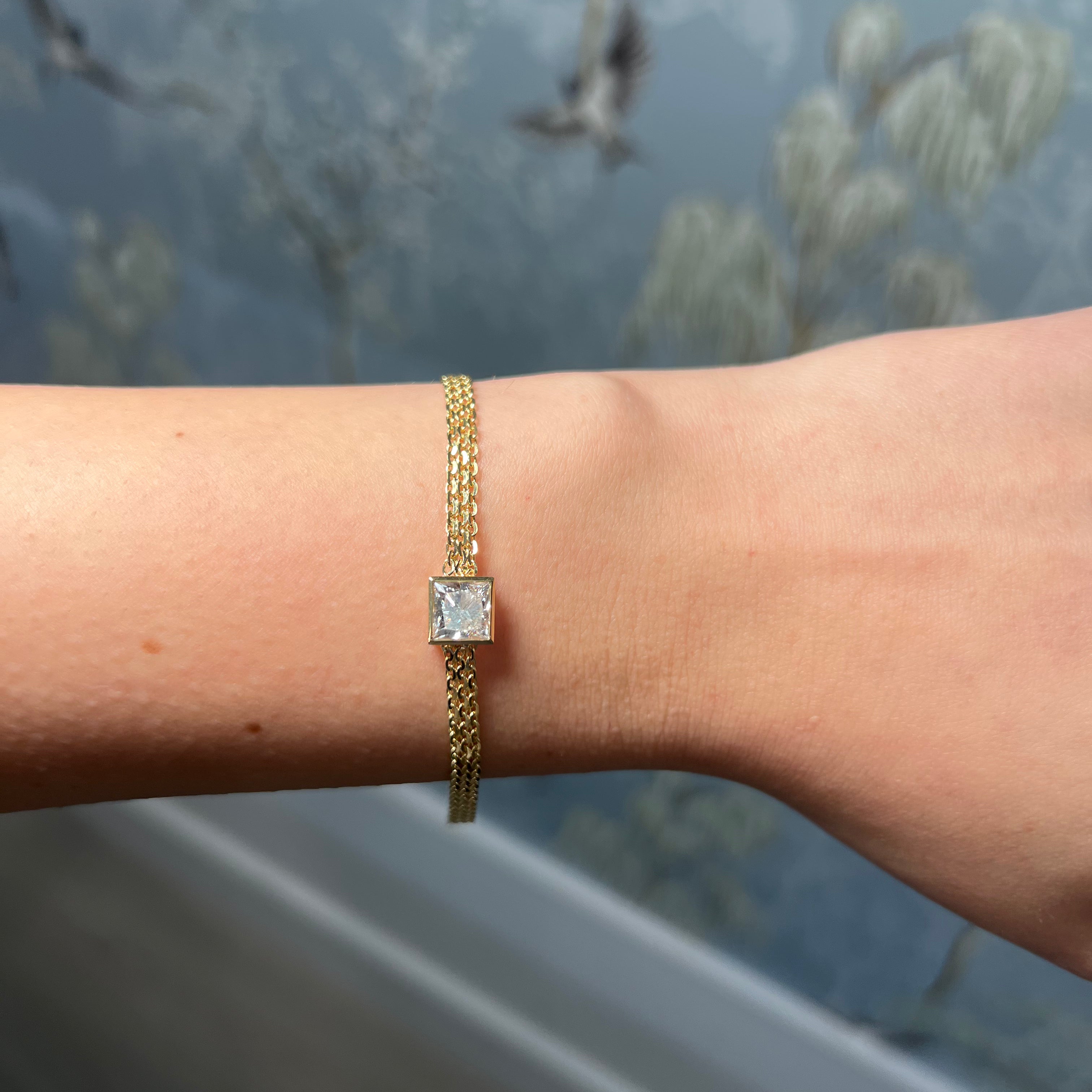 Yellow Gold Mesh Chain with Square Radiant Diamond Bracelet