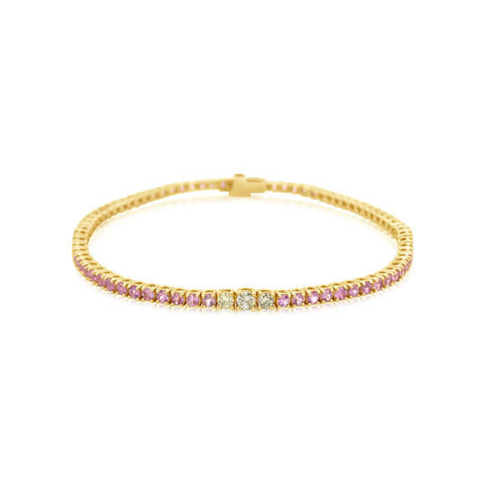 14k Yellow Gold Thin Pink Sapphire and Diamond Tennis Bracelet