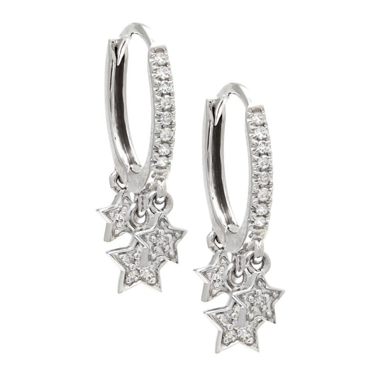 14k White Gold Diamond Star Dangle Huggie Hoops