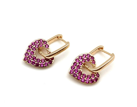 14k Pink Sapphire Heart Hoops