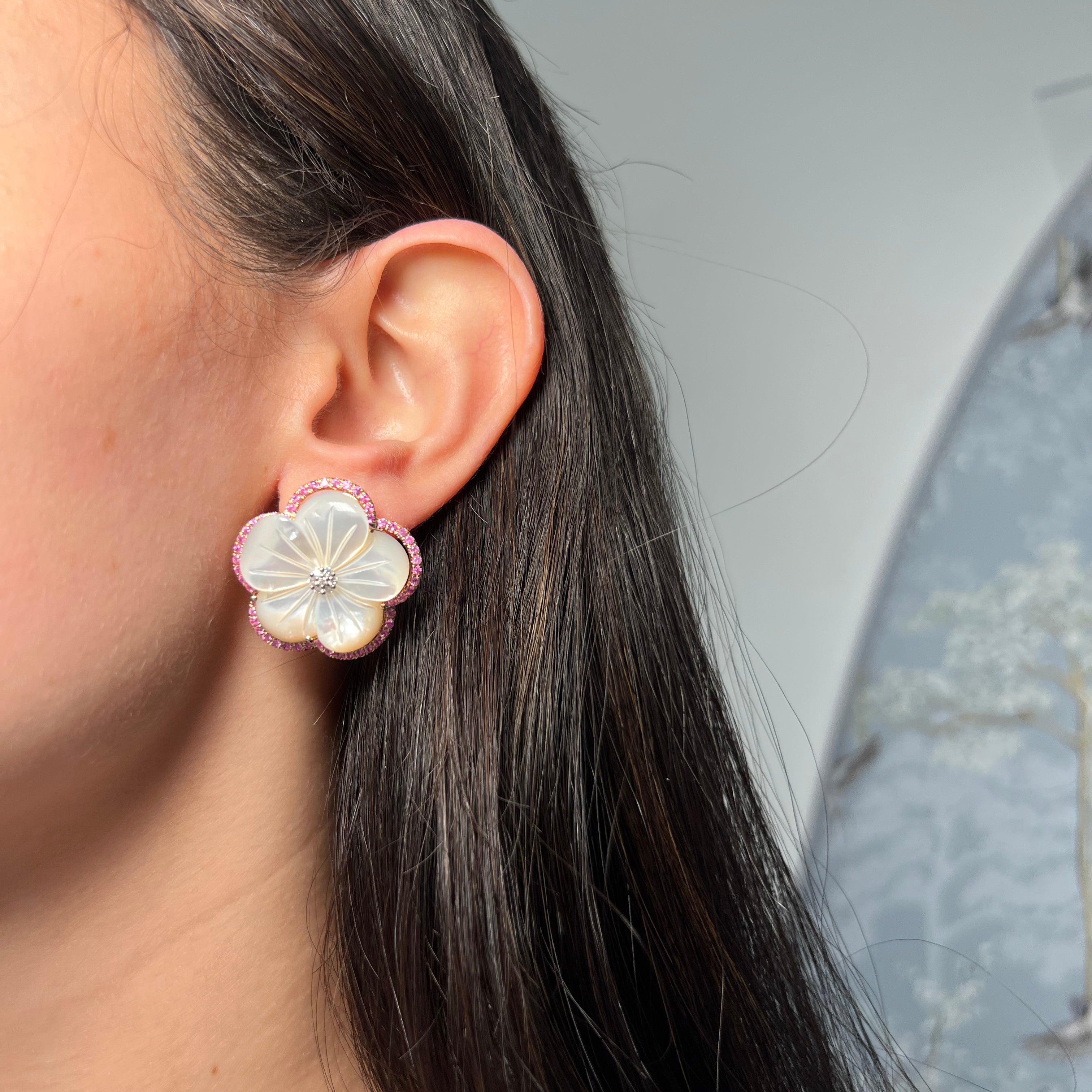 Mother of Pearl and Pink Sapphire Flower Earring
